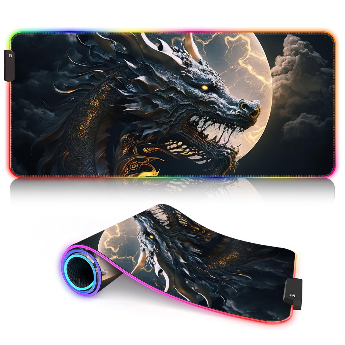 Tappetino per mouse Drago RGB, grande, XXL, 14 modalità luminose, LED, tappetino per mouse avanzato, per computer, laptop, PC, scrivania, gaming, 15,7 x 35,4 pollici