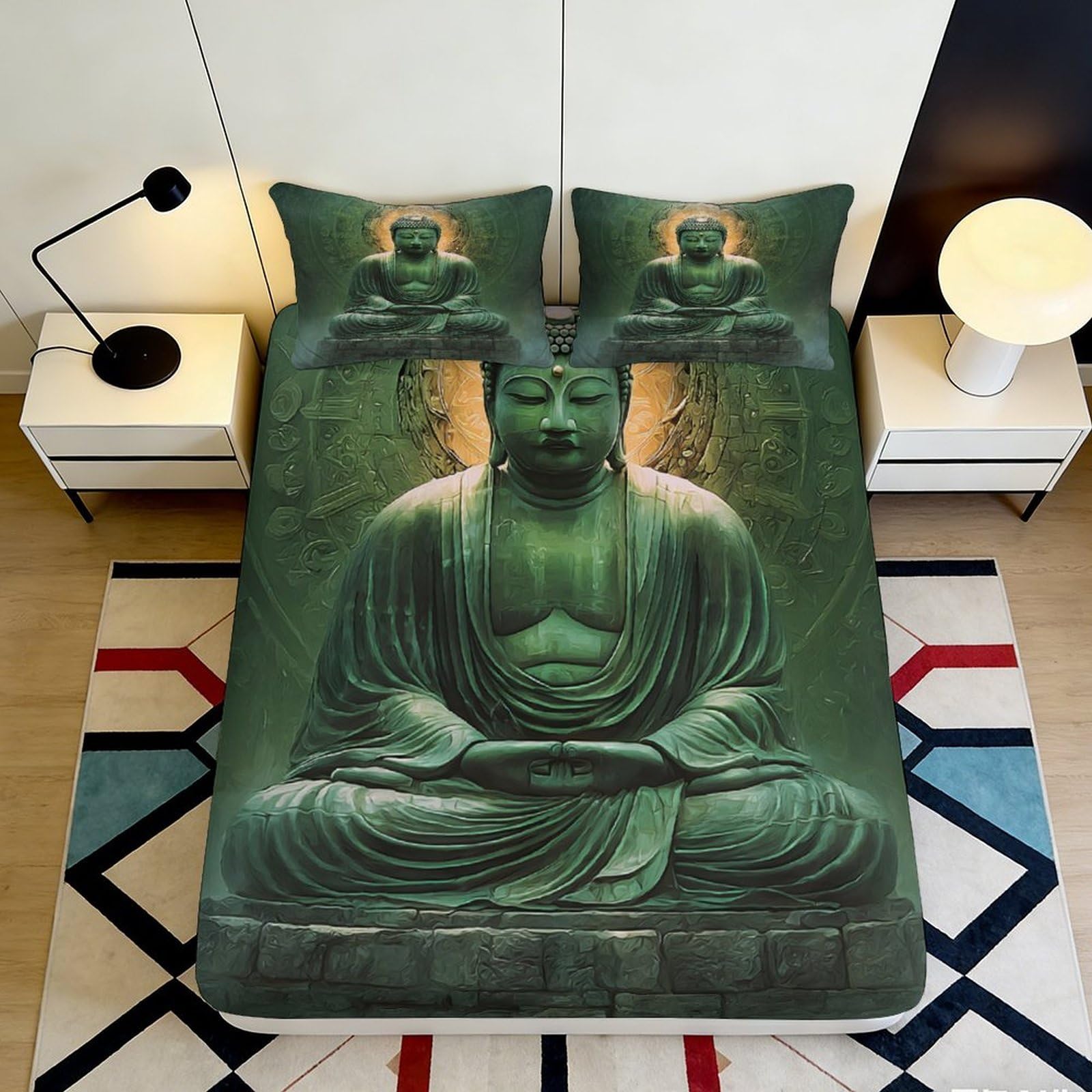 3D Printed Buddha Green Fitted Sheet Microfiber Soft Durable Meditation Bed Cover for Bedroom Dormitory Guest Room Mattress Protection Decor 160x200x25cm