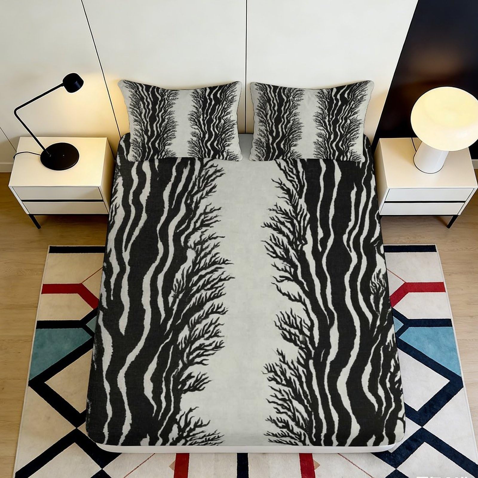 3D Printed Zebra Stripe Fitted Sheet Microfiber Soft Breathable Tree Branch Bed Cover for Bedroom Dormitory Guest Room Mattress Protection 200x200x25cm