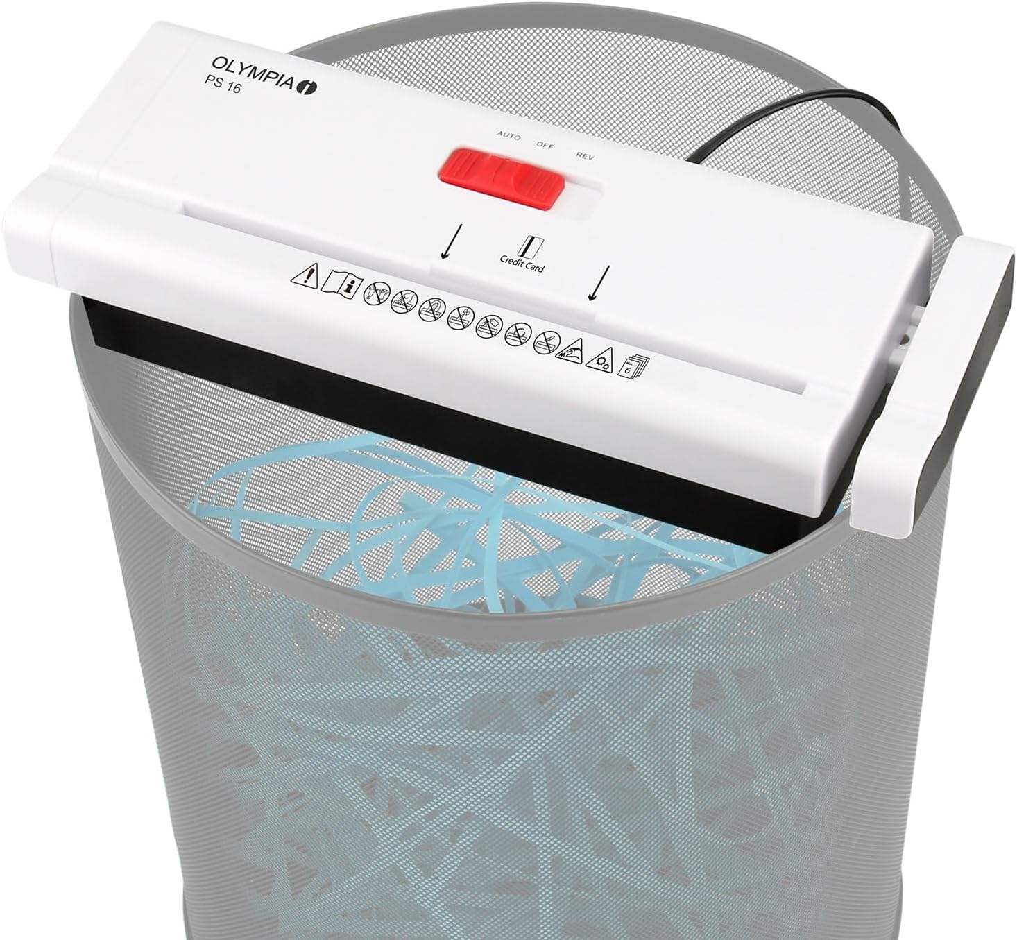 Olympia PS 16 shredder attachment placed on a mesh waste bin, showing control panel and safety symbols.