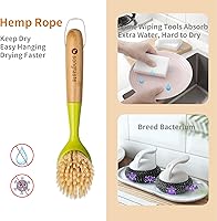 Vista 2 de Paquete de 2 cepillos de cocina con mango de bambú, raspador integrado, cepillo para sartenes, ollas, limpieza del fregadero de cocina, lavavajillas