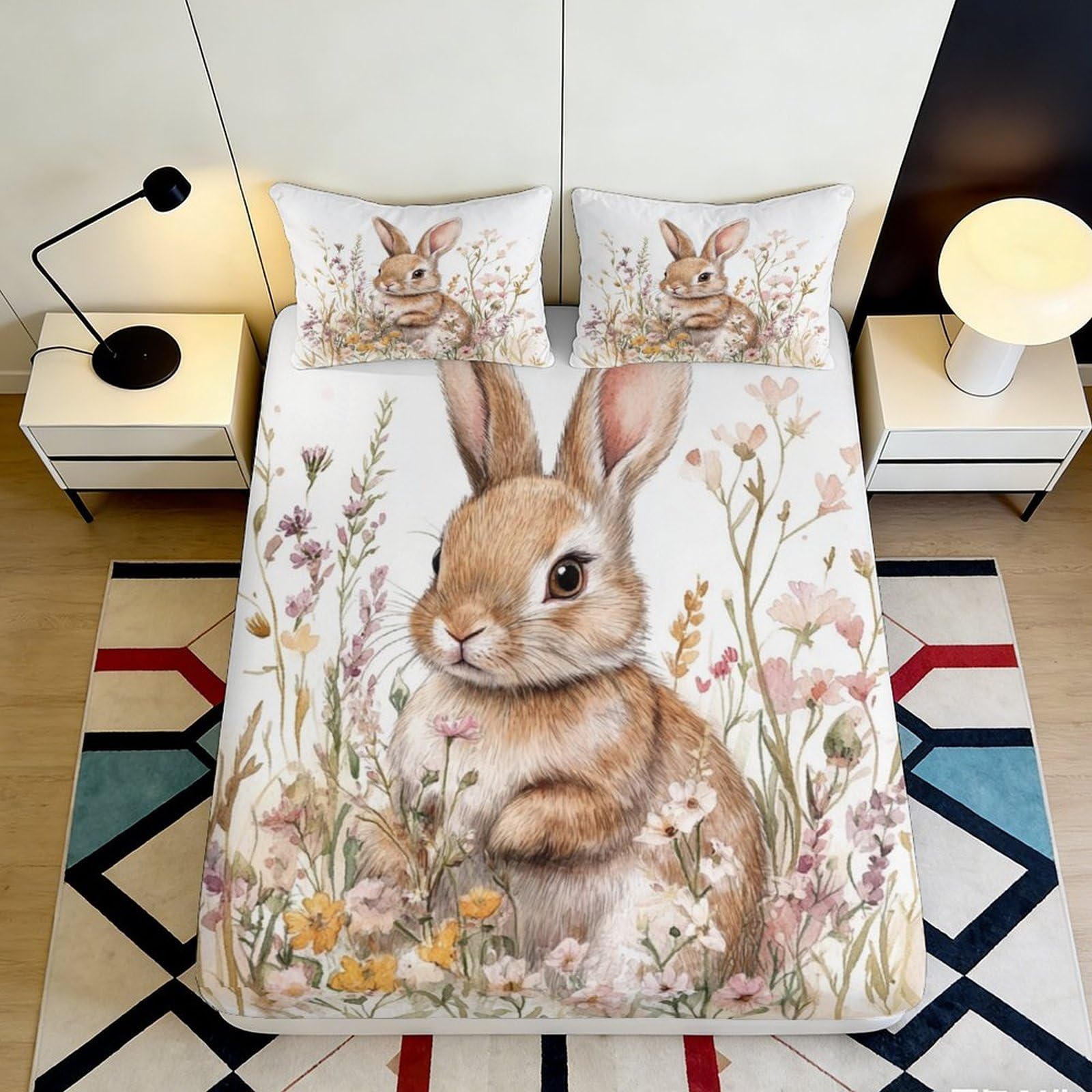 3D Printed Floral Bunny Fitted Sheet Microfiber Deep Pocket Non-Slip Fully Wrapped Floral Bunny Mattress Fitted Cover for Bedroom Bedding Washable for Adults 140x200x25cm