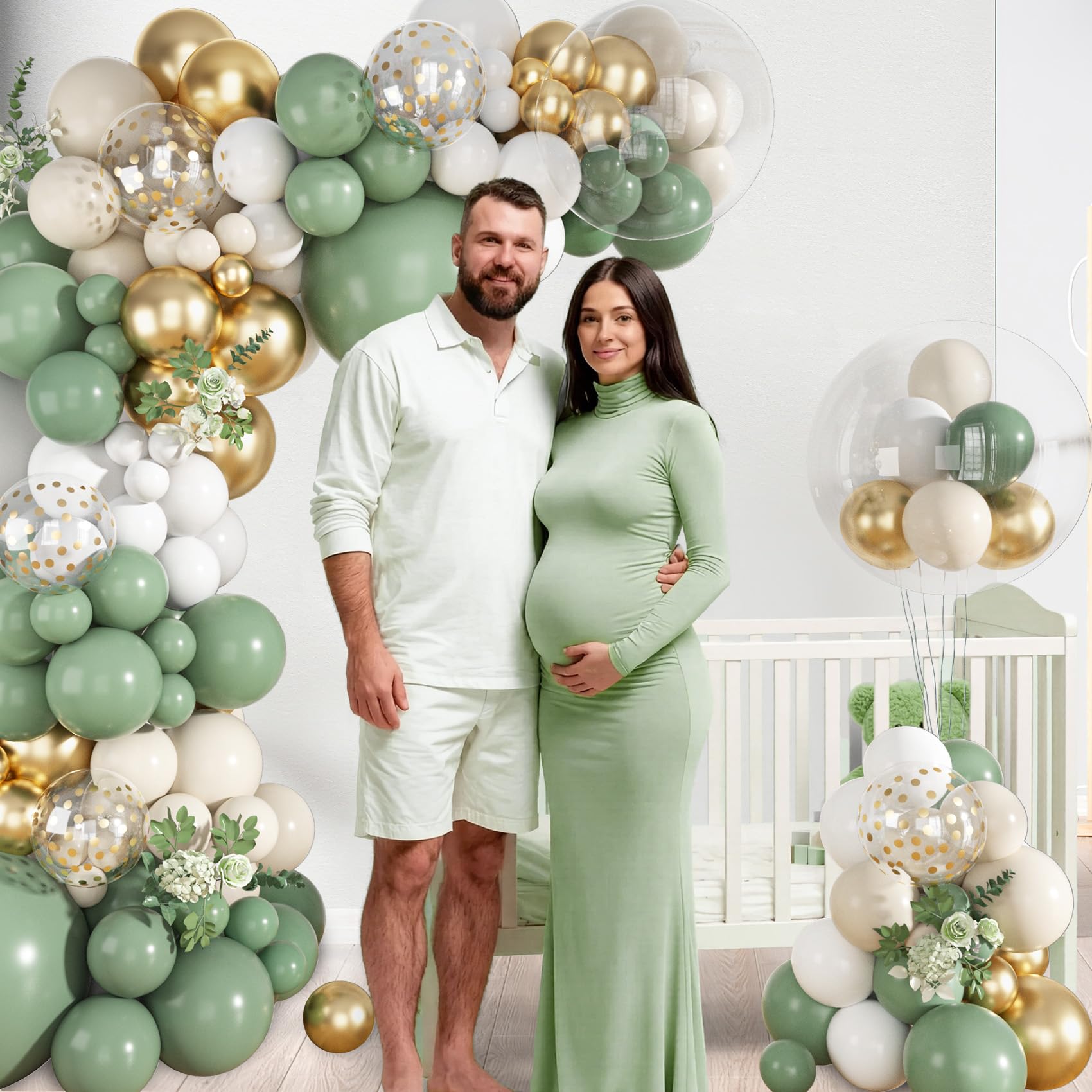 Ouddy Life Luftballons mit Bogengirlande, Salbeigrün, Weißgold, 152 Stück, Sand, Weiß, Metallic, Gold, klarer Ballon für Geburtstag, Hochzeit, Babyparty, Geschlechtsoffenbarung, Verlobung, St