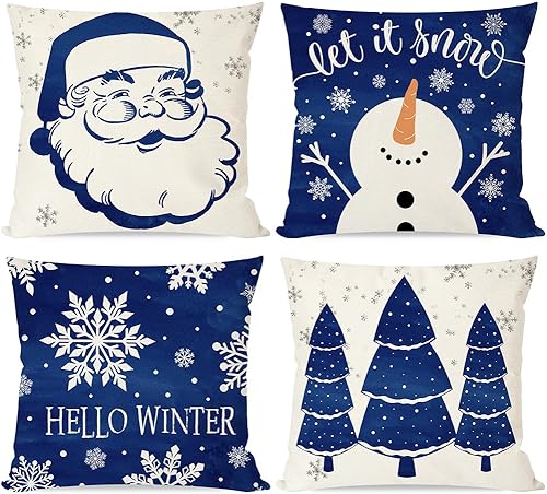 Miniatura 1 de Juego de 4 fundas de almohada de Navidad azules de 18 x 18 pulgadas, diseño de árbol de Navidad, copo de nieve, muñeco de nieve, decoraciones de
