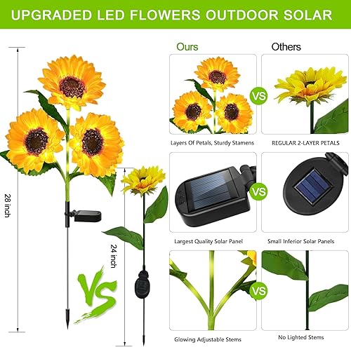 Miniatura 2 de Luces solares de flores impermeables para exteriores, 3 paquetes mejorados de luces solares de jardín con 9 luces LED realistas de girasol, luces