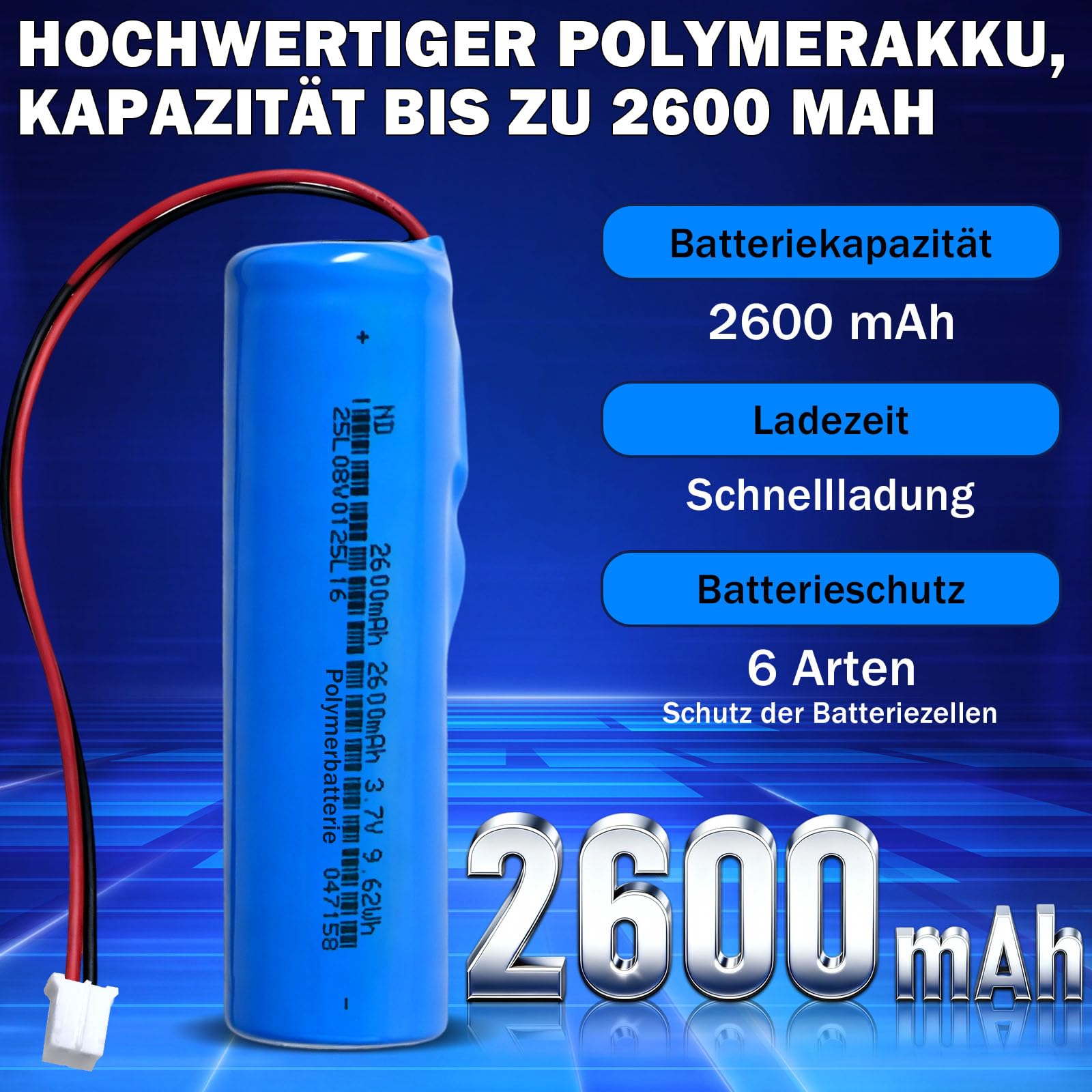 Batería recargable de iones de litio de 3,7 V 2600 mAh con conector XH2.54/2P. Comprueba antes de comprar la polaridad del dispositivo y del conector (1 pieza, 2600 mAh PH2.0) - 2
