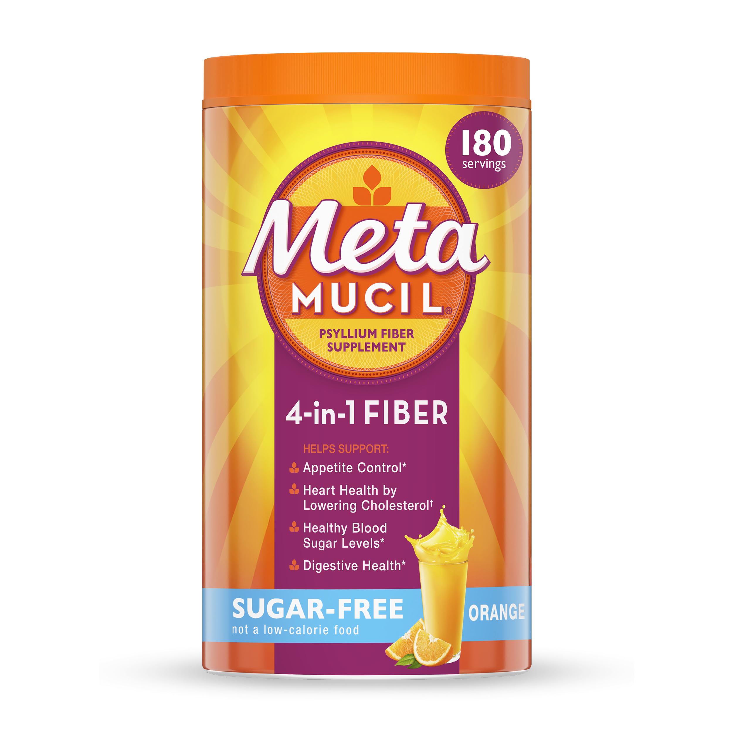 Metamucil 4-in-1 Psyllium Husk Fiber Supplement, Sugar-Free, 180 teaspoons, Orange Flavored, Daily Fiber Powder for Digestive Health, made with Plant-Based Psyllium Husk Fiber