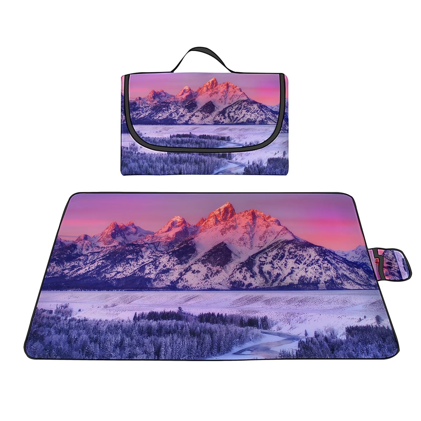 Manta Picnic Impermeable 200x300cm,Lavable Picnic Blanket,Ultrasónica Mantel Picnic,con Mango Multifunción para Acampar Playa Parque de Senderismo,Puesta de Sol Montaña Nevada