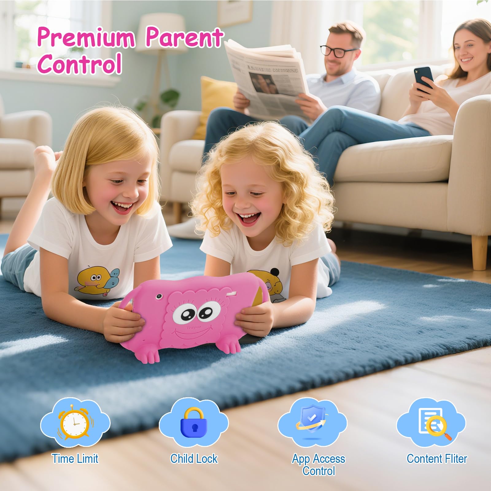 Trayoo Tablet per bambini da 7 pollici per bambini 3-12, 32 GB, tablet per bambini con doppia fotocamera, controllo parentale, custodia solida, WiFi, GMS, YouTube, Netflix, software di apprendimento