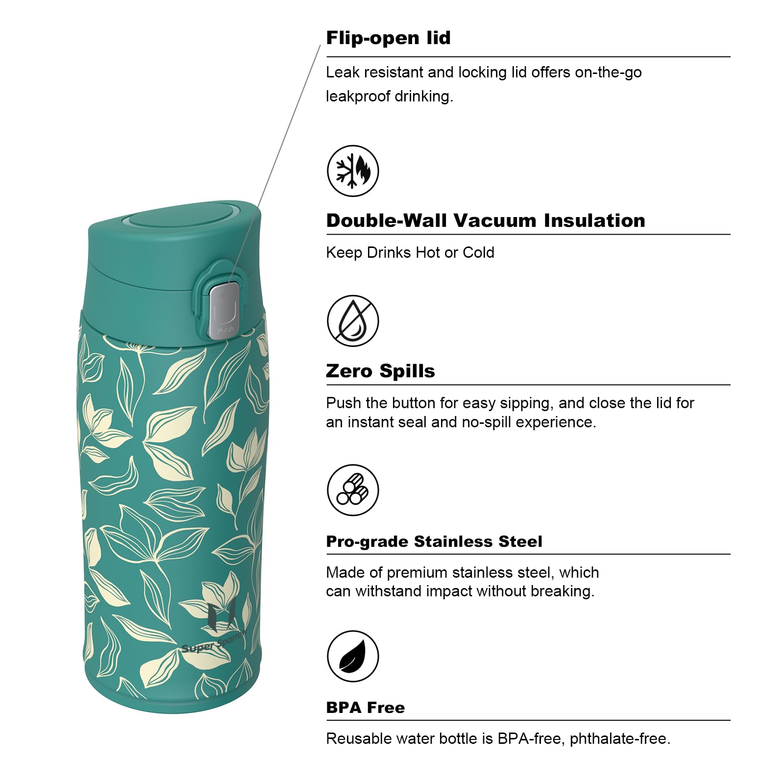 Super Sparrow Borraccia Termica, Acciaio Inox Bottiglia Termica - 350ml, 500ml, 750ml, 950ml - Senza BPA Tazza Termica, Borraccia Termica per Bambini, Scuola, Sportiva, Bici, Campeggio, Palestra