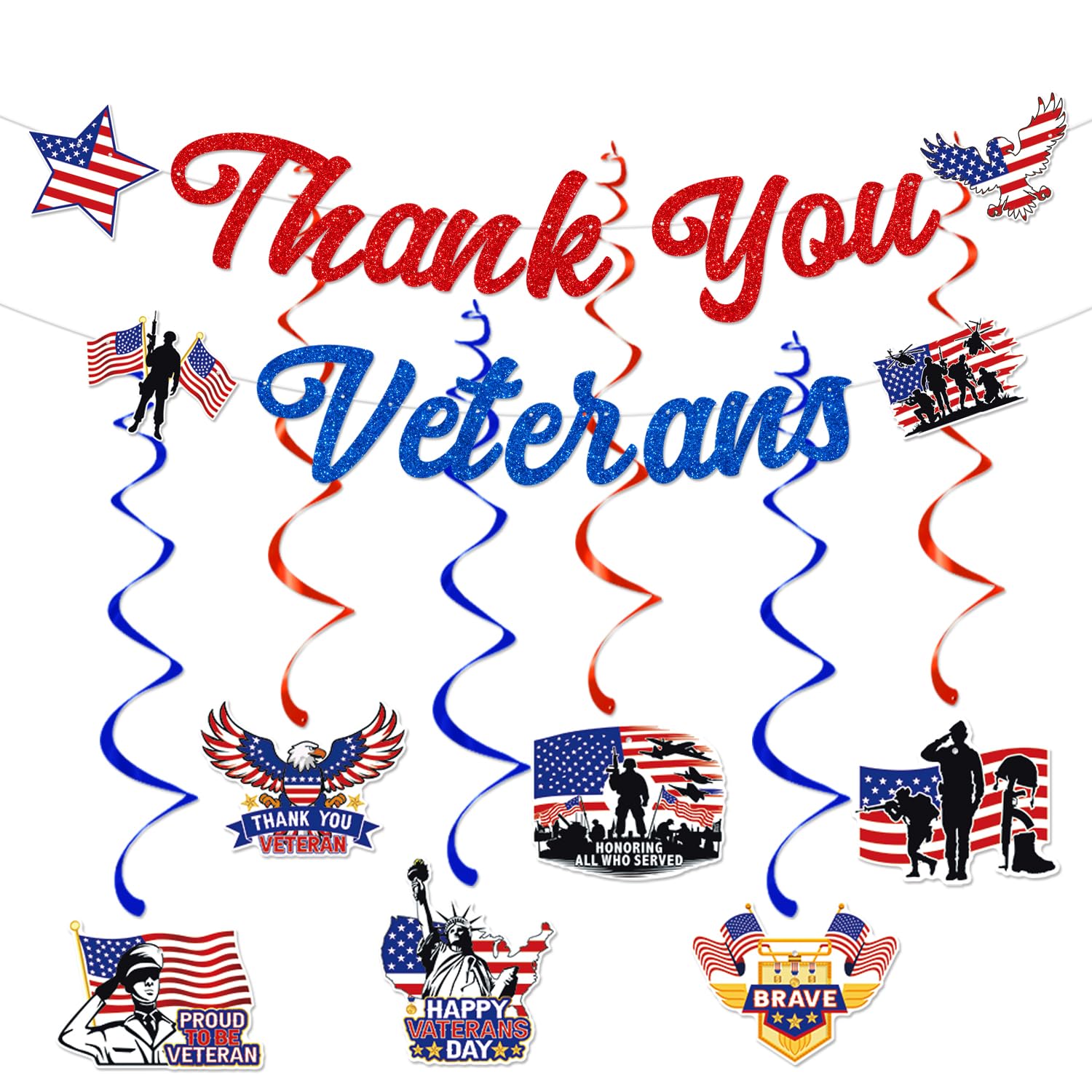 Thank You Veterans Banner with Hanging Swirls,Veterans Day Decorations, Happy Veterans Day Sign, America Patriotic Party Decorations for Fireplace