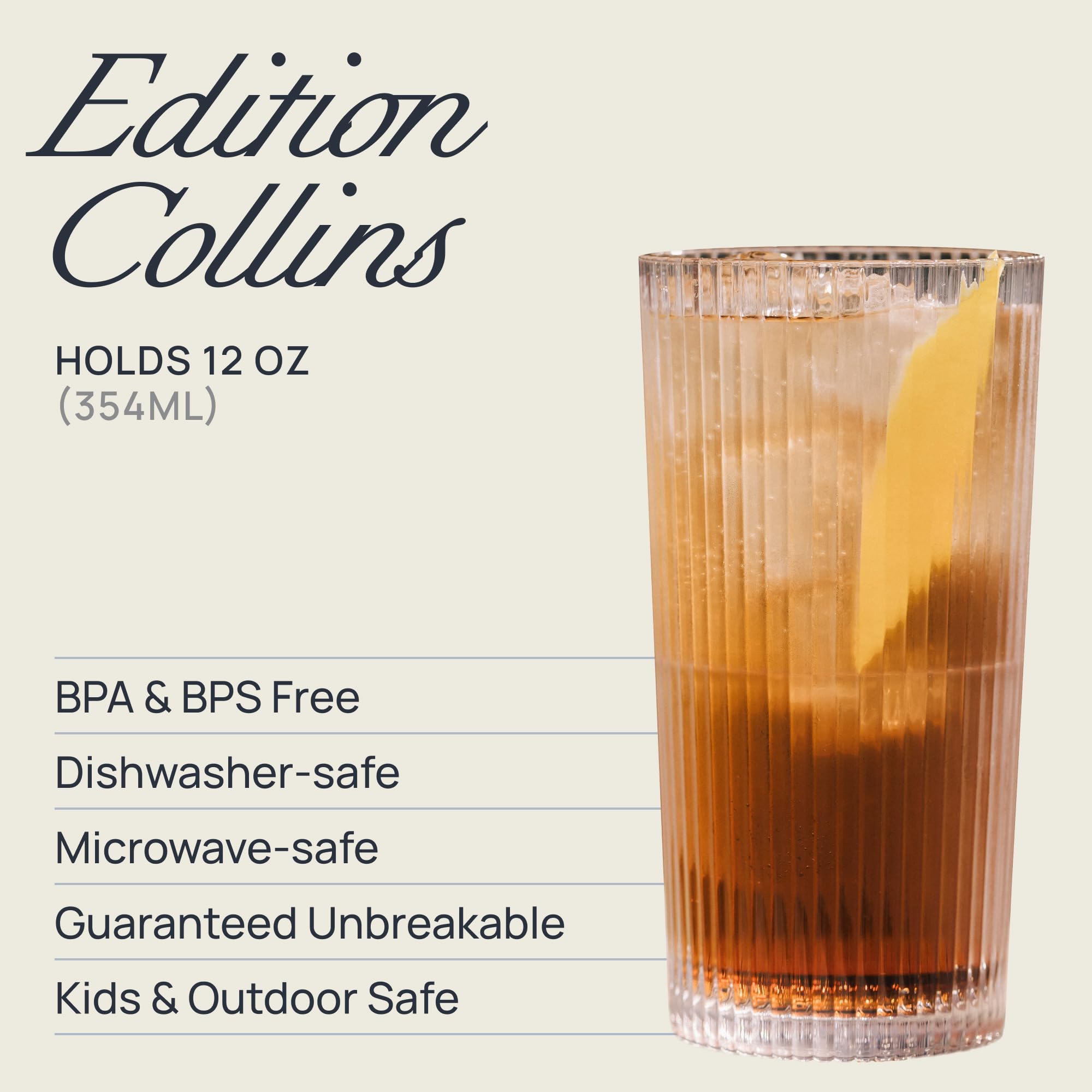 Drinique Unzerbrechliche Collins Trinkgläser, 340 ml hoch, transparent, 4 Stück | Bruchsichere Tritan-Trinkgläser, wiederverwendbar, BPA-frei, spülmaschinen- und mikrowellengeeignet, hergestellt in den USA