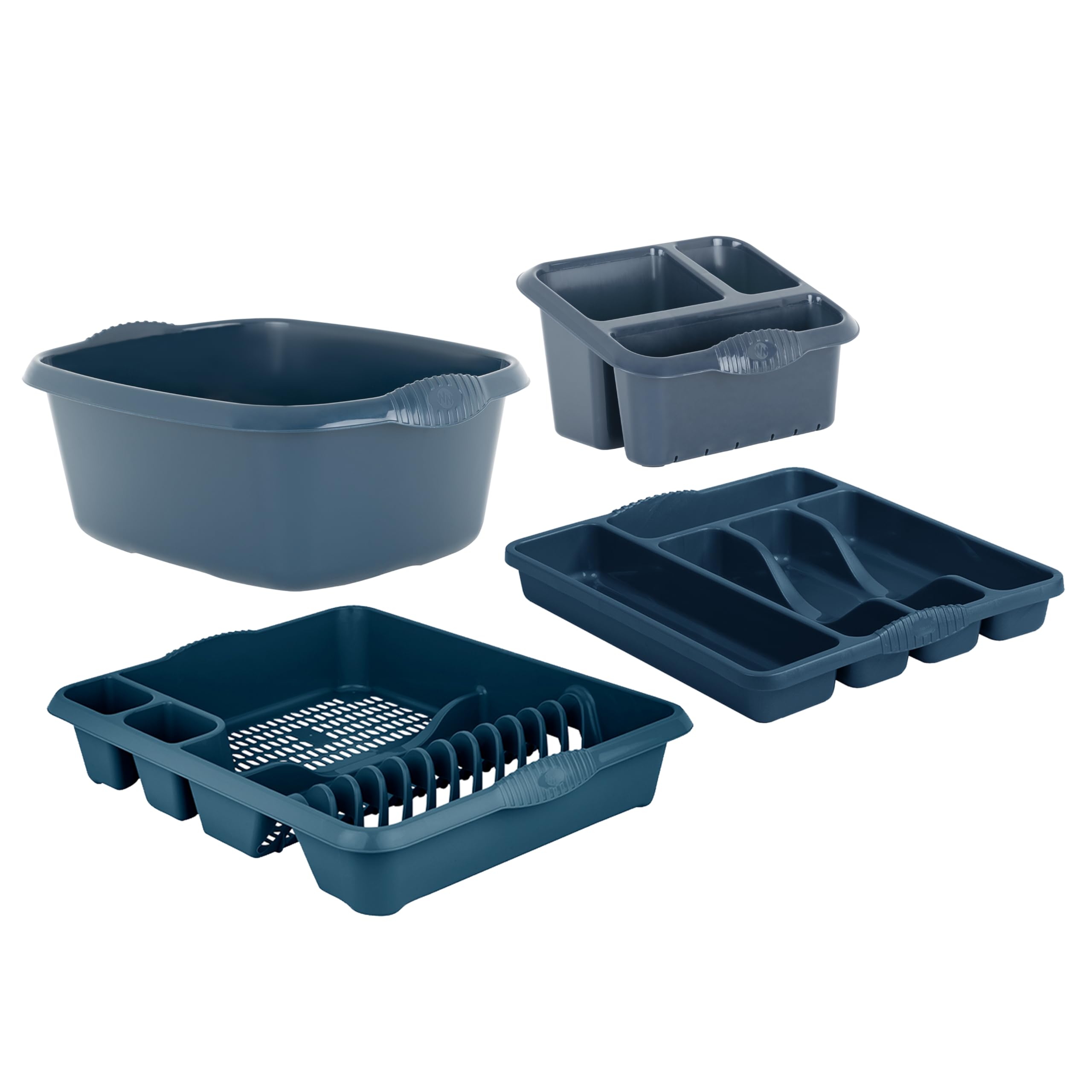 M1ss Navy Blue (Set Of 4) - Plastic Large Kitchen Sink 39 Cm Rectangular Washing Up Bowl, Sink Tidy, Large Dish Drainer And 5 Compartment Cutlery Tray (Navy Blue)