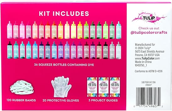 Tulip One-Step Tie-Dye Color Mania 36 Vibrant Colors, All-in-One Tie Dye Kit for Large Groups, Permanent Fabric Dye Pre-Filled Bottles, Gloves, Instructions