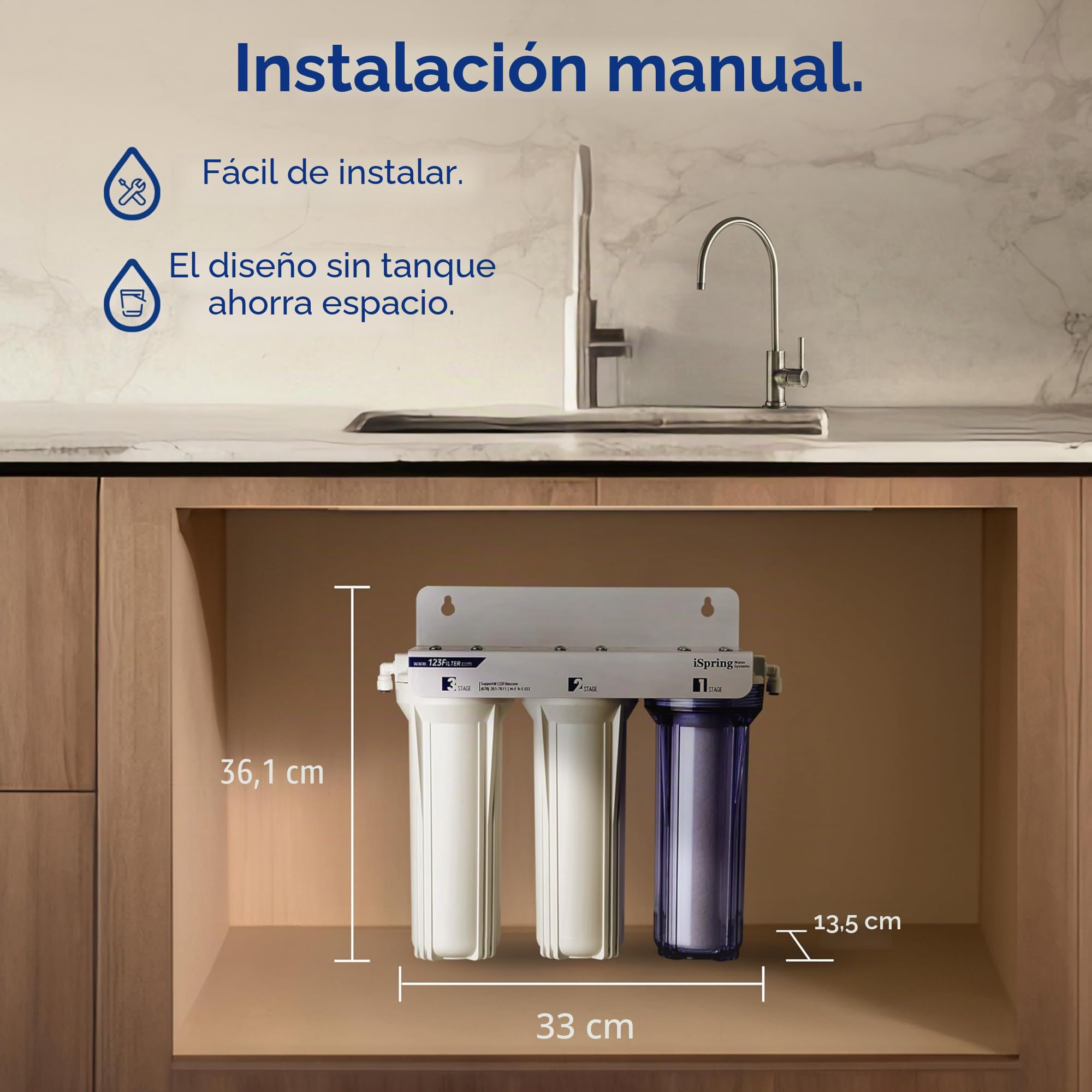 iSpring US31-PF Filtración de Agua Bajo Fregadero de 3 Etapas Clásico para Beber, Reducción de PFAS Probada por SGS, Filtro de Agua sin Depósito, Filtro de Alta Capacidad para Fregadero, Paquete de 1