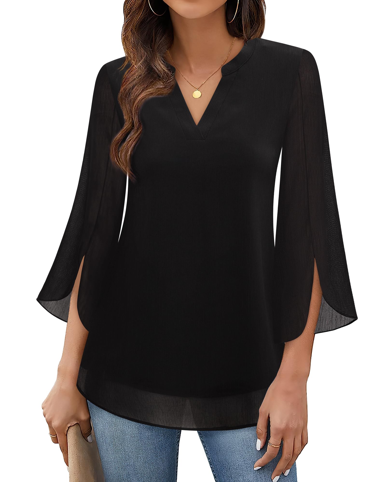 TimesonWomen's 3/4 Sleeve Chiffon Blouse Shirt V Neck Dressy Tunic Tops