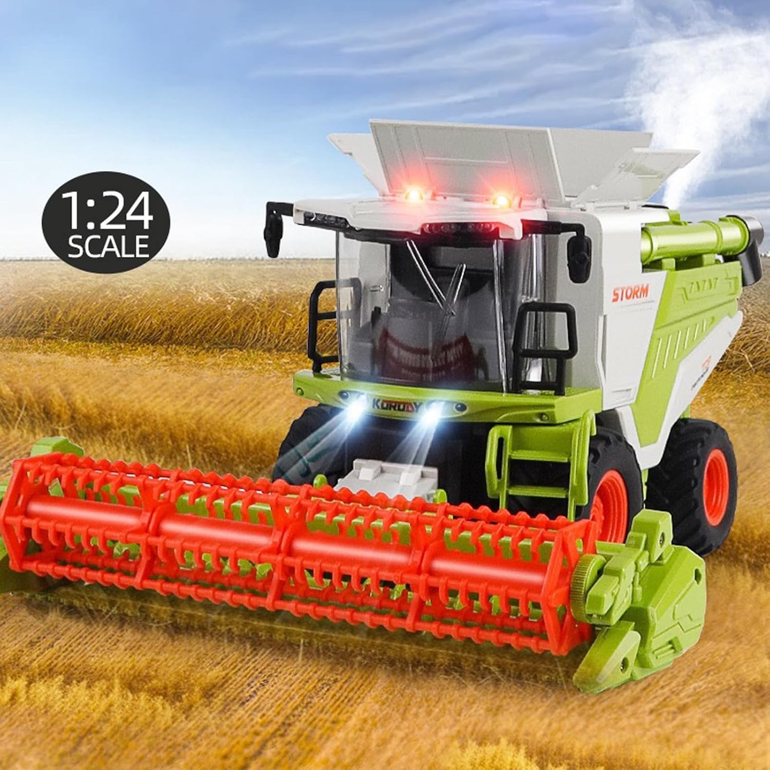 Remote Control Harvester Tractor for Adults, 1:24 Scale RC Harvester with Spray, Lights & Sound, RC Farm Tractor with 2 Batteries