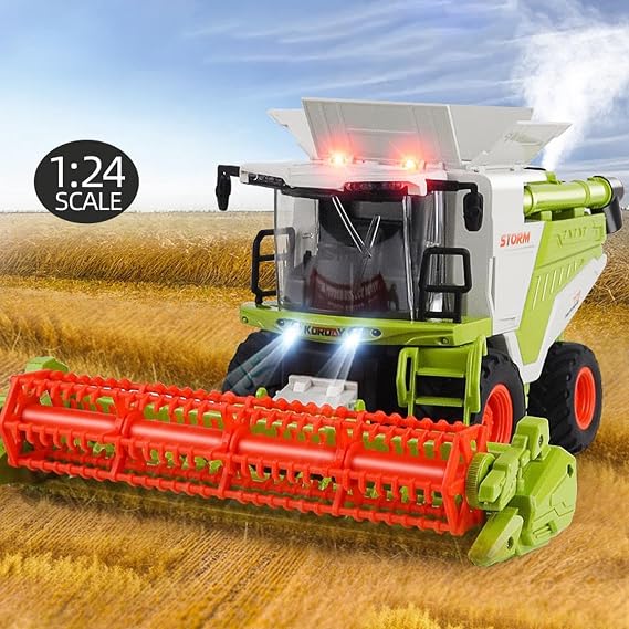 Remote Control Harvester Tractor for Adults, 1:24 Scale RC Harvester with Spray, Lights & Sound, RC Farm Tractor with 2 Batteries