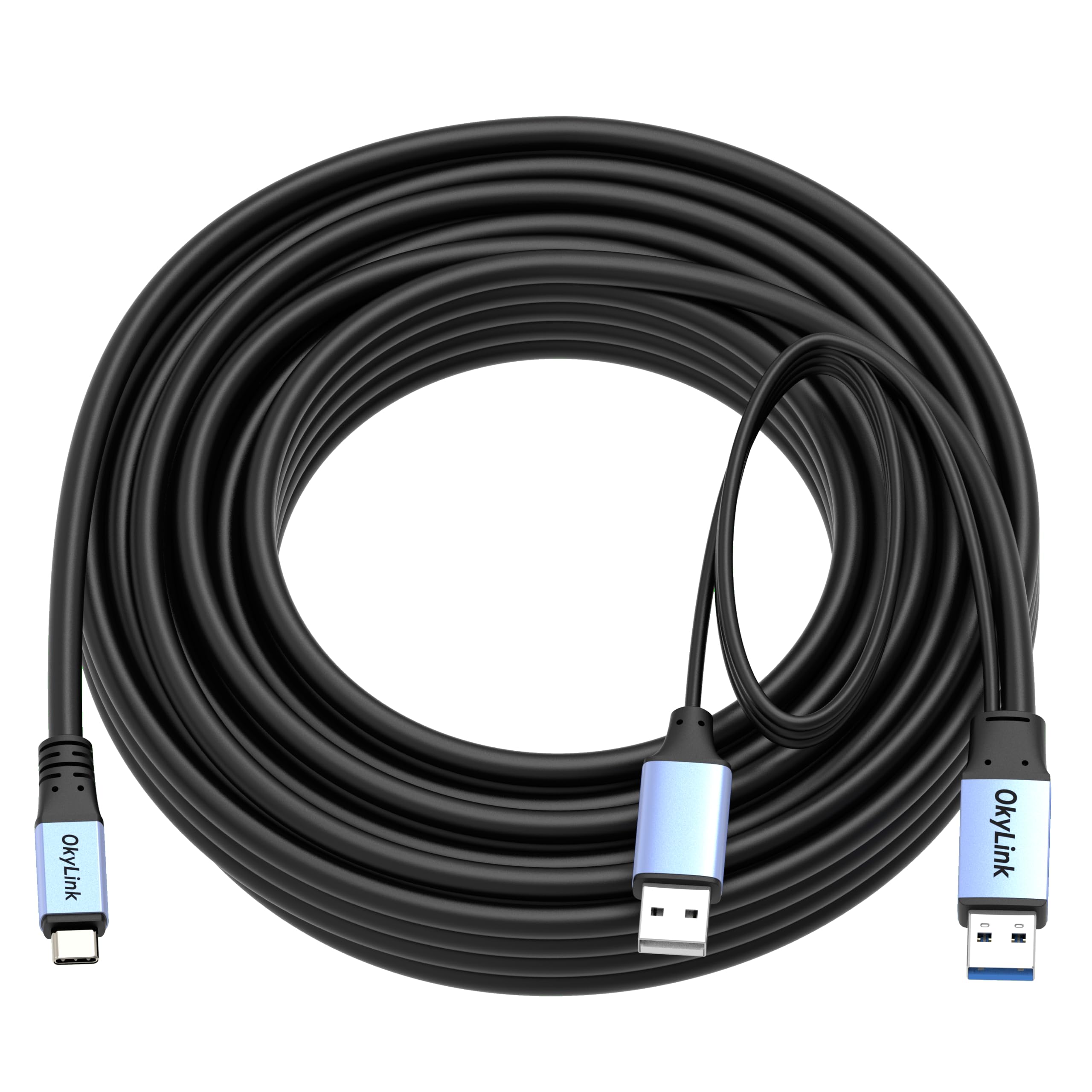 OkyLink Cable USB 3.2 Gen1 A a USB C – Transferencia de datos de alcance ultra largo de 5 Gbps, chip amplificador integrado y cable de alimentación, perfecto para equipos industriales, VR e impresoras