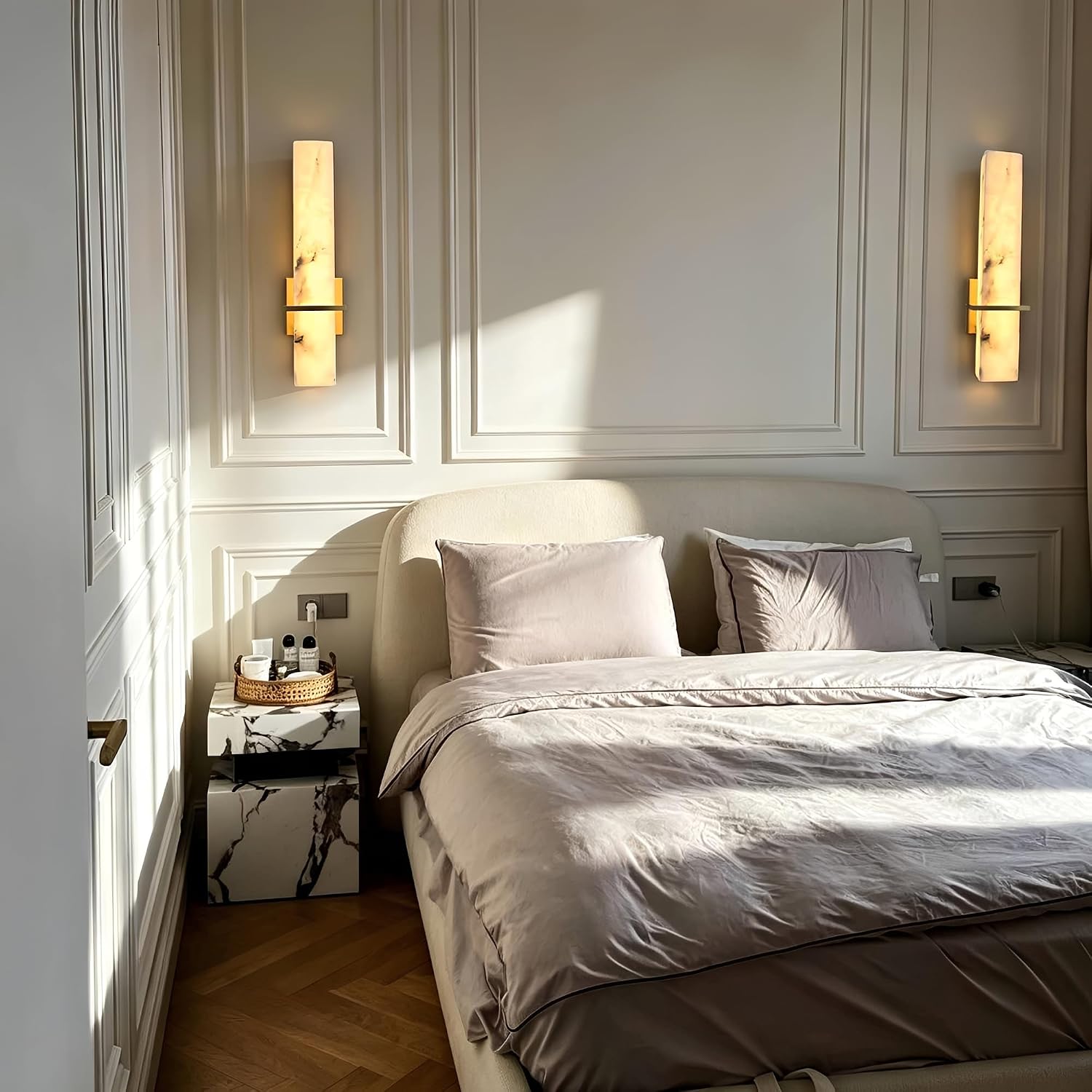 Gold Alabaster Wall Sconce Brass Marble Wall Light 18.9" Long Linear Stone Wall Lamp Anti-Rust Bathroom Vanity Wall Light Alabaster Sconces Lighting for Living Room Bedroom Hallway