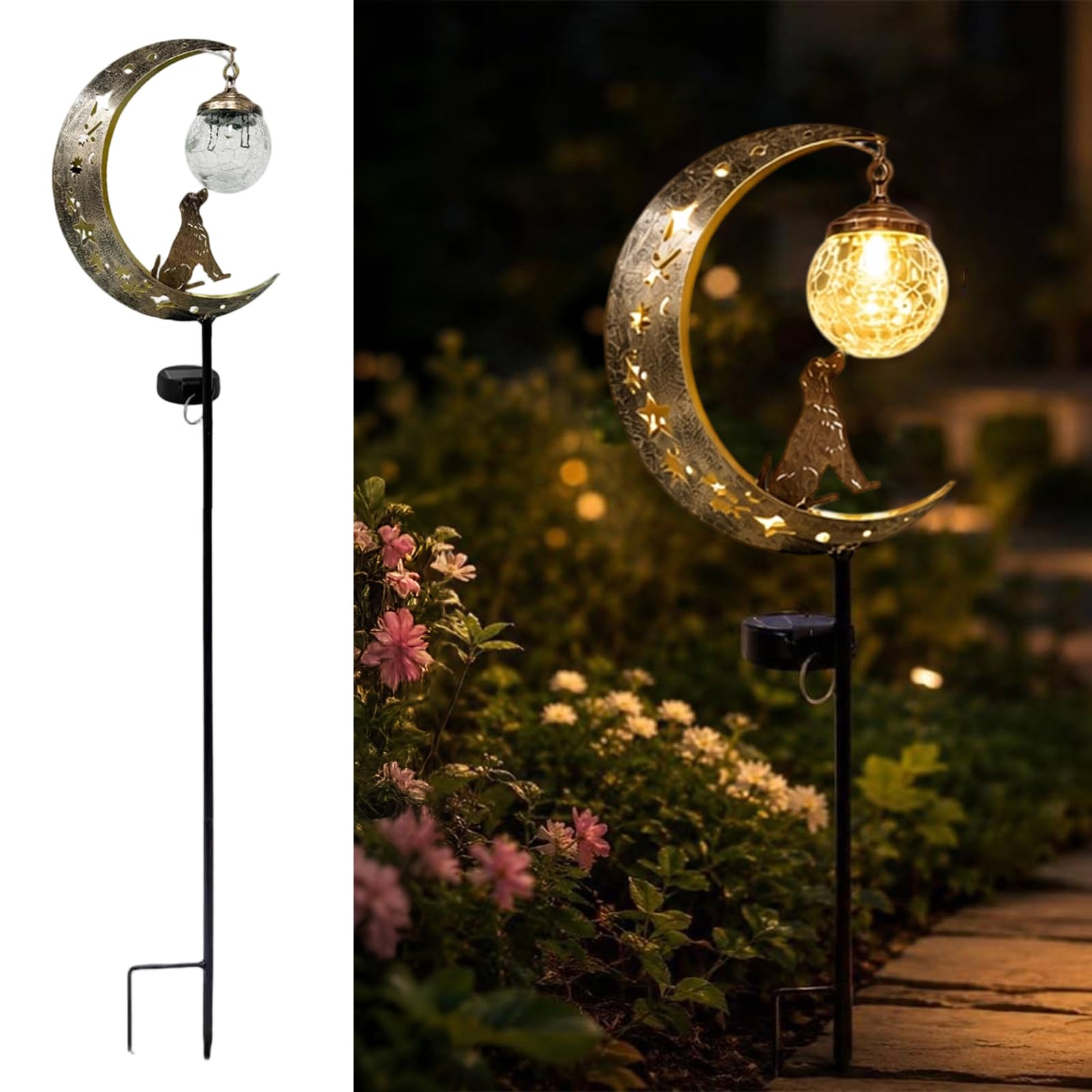 ​Dog Moon Solar Garden Stake Light, 85cm Waterproof LED Pathway Decor with Crackle Glass Globe, Metal Crescent for Hummingbird Moon Solar Garden Stake Light