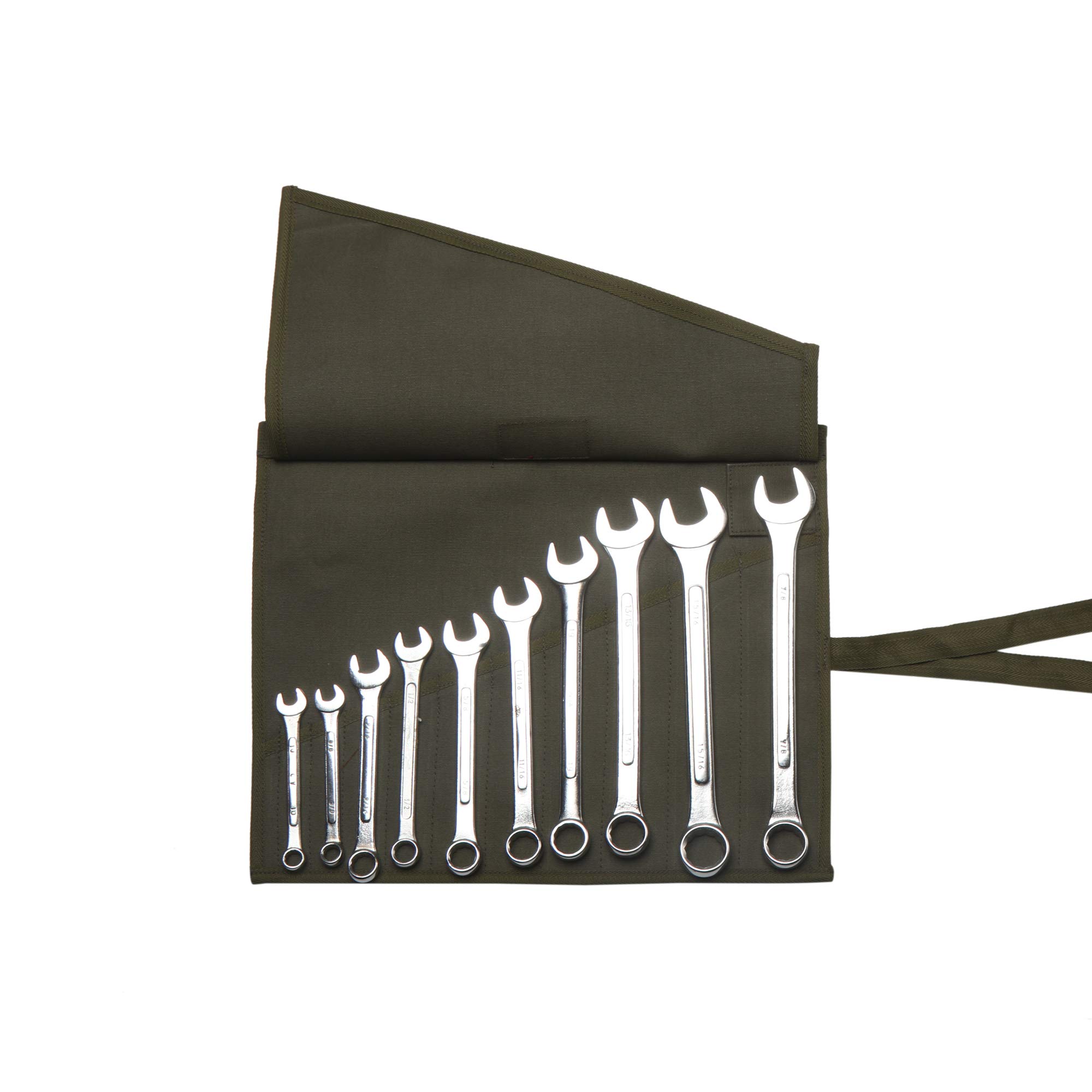 Wrench Organizer & Tool Roll Up Pouch Bag Dyed & Sand Washed 100% Cotton Duck Canvas Wrench & Tool Bag 11 Pocket - Olive Drab - (Tools are not included)