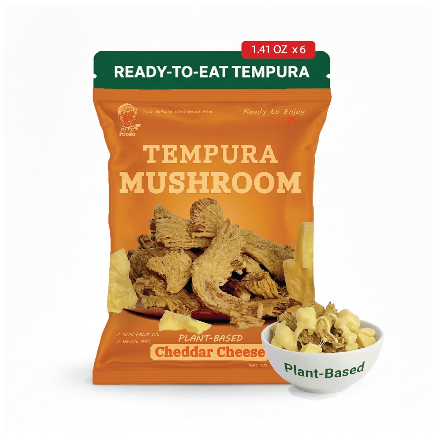 BITETUOSO Premium Tempura Oyster Mushroom Chips, Ready to Eat Plant-Based Vegan Snack, Gourmet Cheddar Cheese Flavor, Dairy-Free No MSG, 1.41 oz (Pack of 6) Cheddar Cheese (Plant-Based) 1.41 Ounce (Pack of 6)