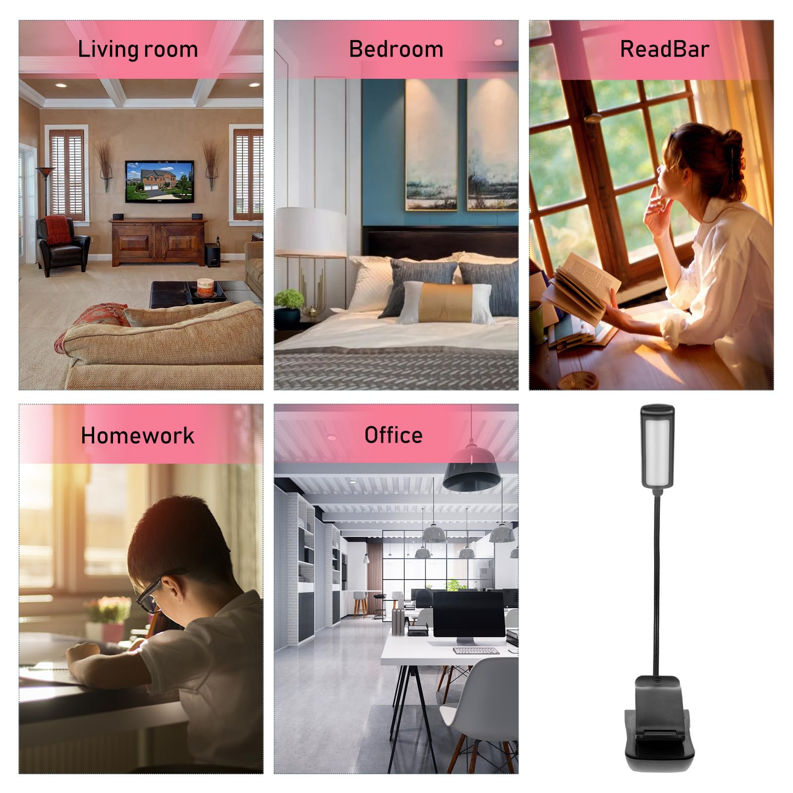jojofuny Lampe de Lecture LED Rechargeable à Pince Noire en Plastique, Lot de 2, Installation Pratique Charge Usb, Lecture Nocturne Bureau