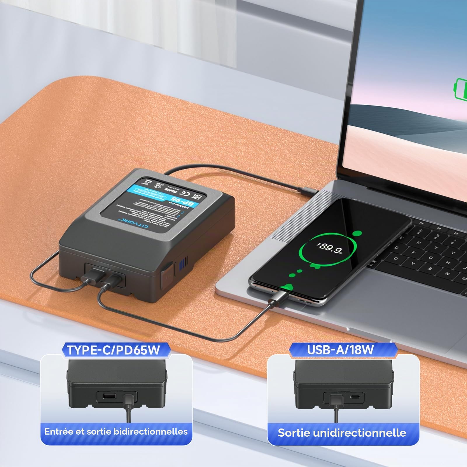 CITYORK Batterie V-Mount/V-Lock 95 Wh pour Sony BP-95W avec chargeur d'entrée USB-C et câble USB-C, compatible avec caméra vidéo, caméscope, diffusion vidéo, lumière LED BP-95W