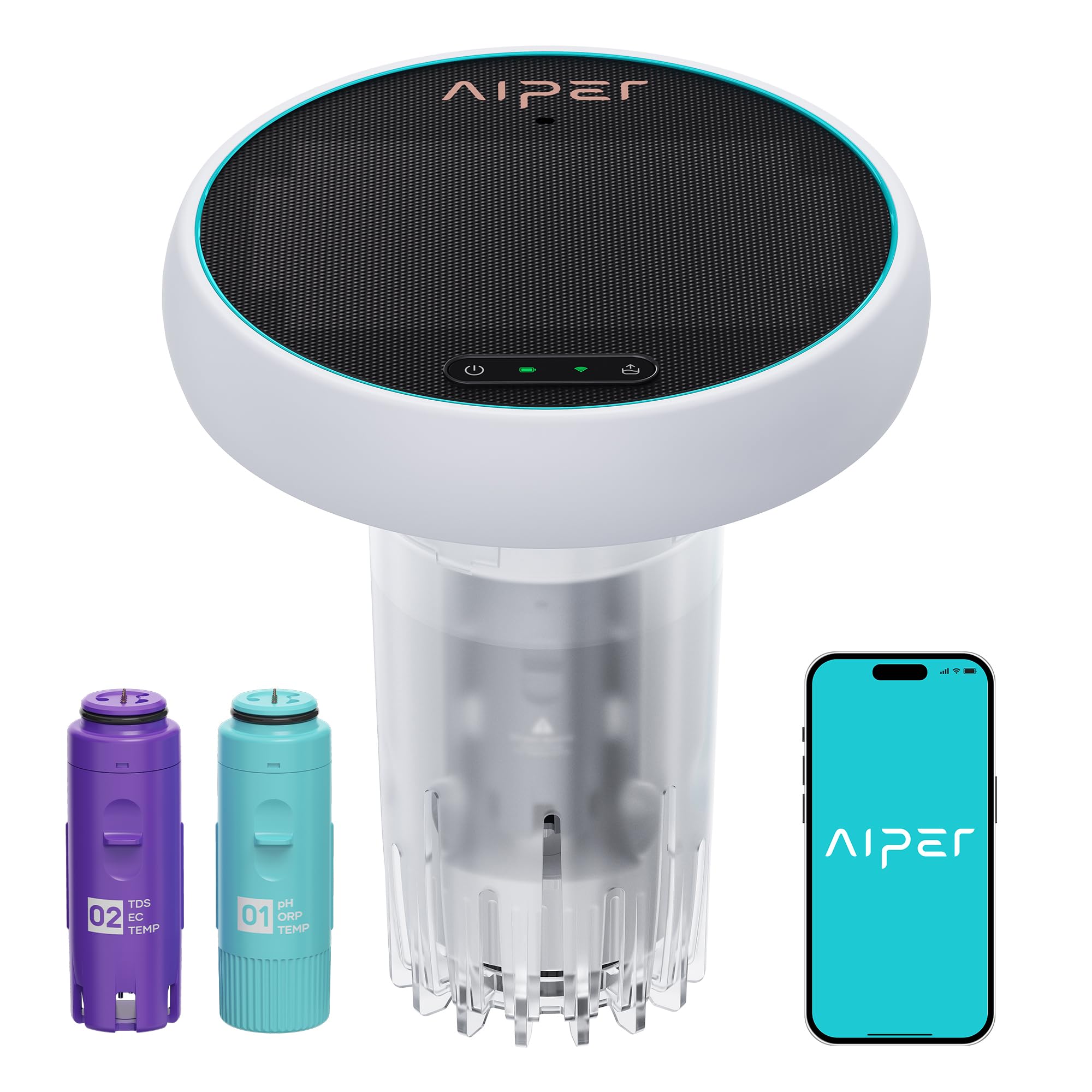AIPER HydroComm Smart Pool Monitor, 24/7 Digital Water Testing for Pools, Hot Tubs & Spas, 5-in-1 Accurate Testing, App Control, Customized Optimization Tips, White