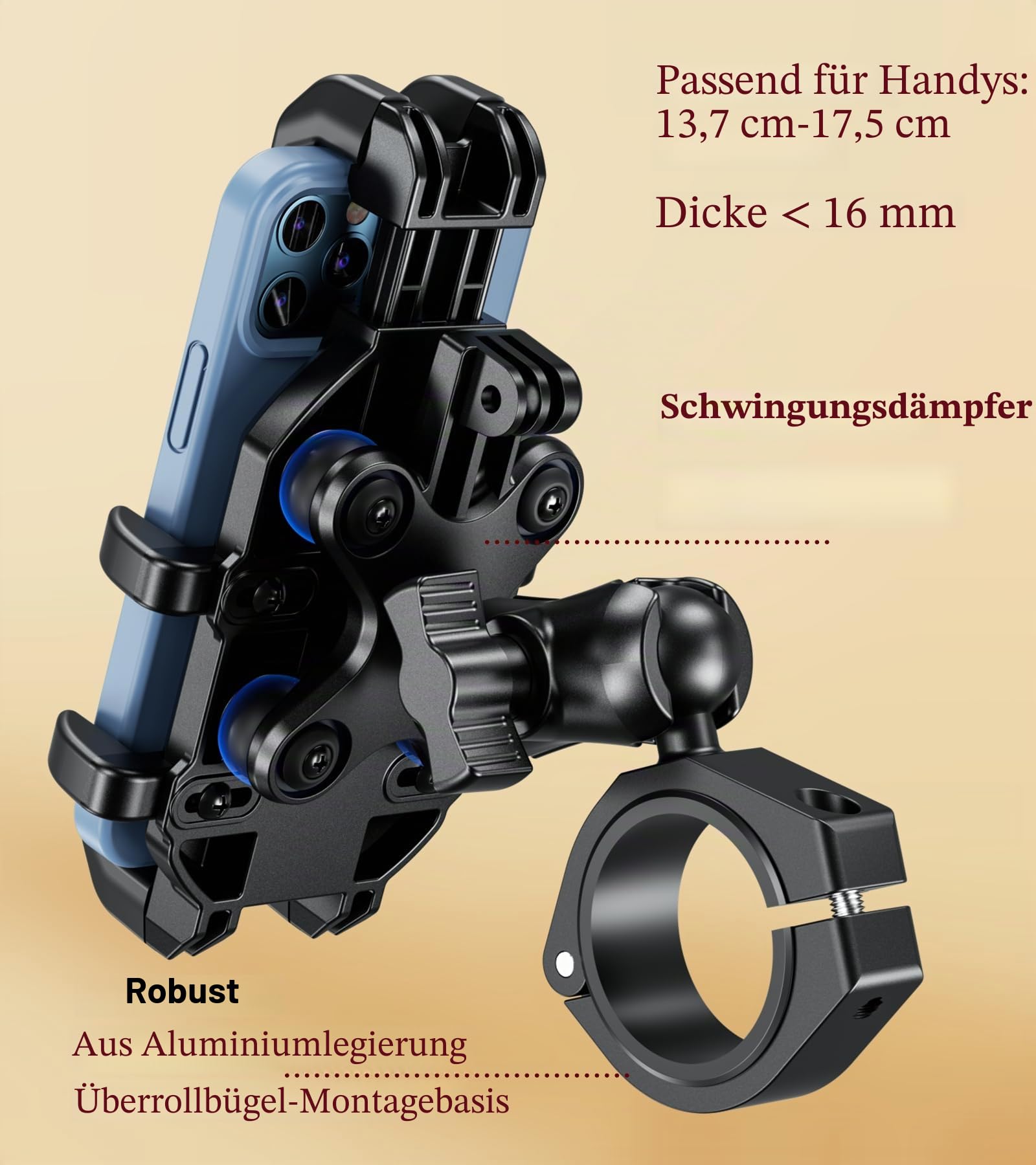 BRCOVAN UTV Handyhalterung mit Vibrationsdämpfer | Verstellbar UTV Handyhalter, Anti-Shake, für 1,5''/1,65''/1,75''/1,85''/2'' Überrollkäfigstange, für 5,4''-7,2'' Smartphone