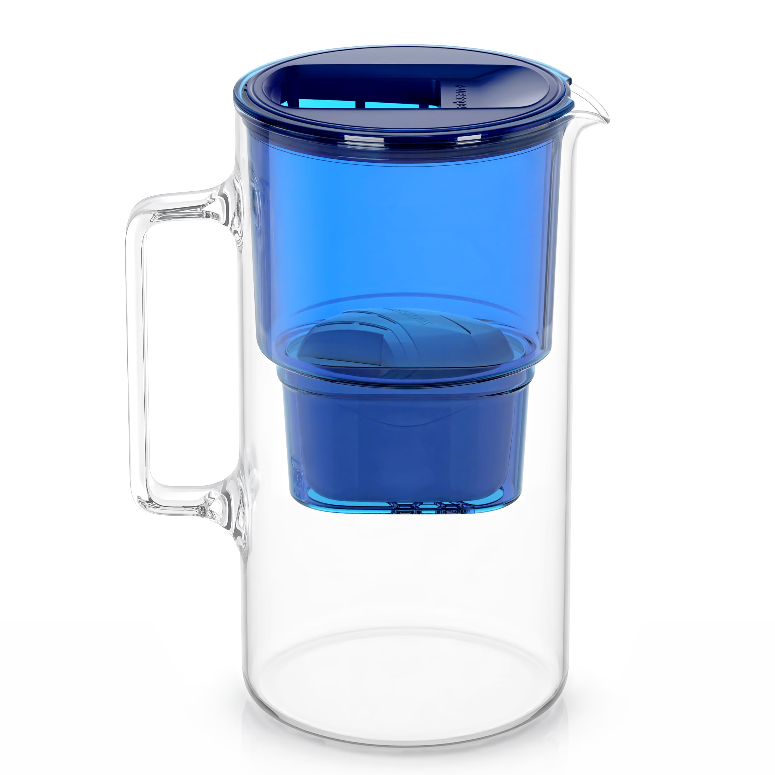 Wessper Jarra filtradora de vidrio con 1 cartucho de filtro 3 Litros | Reemplazo para Dafi Unimax Aquaphor A5 BRITA Maxtra+ PHILIPS AWP212/10 | Reduce la cal, el cloro y los Microplásticos, Azul