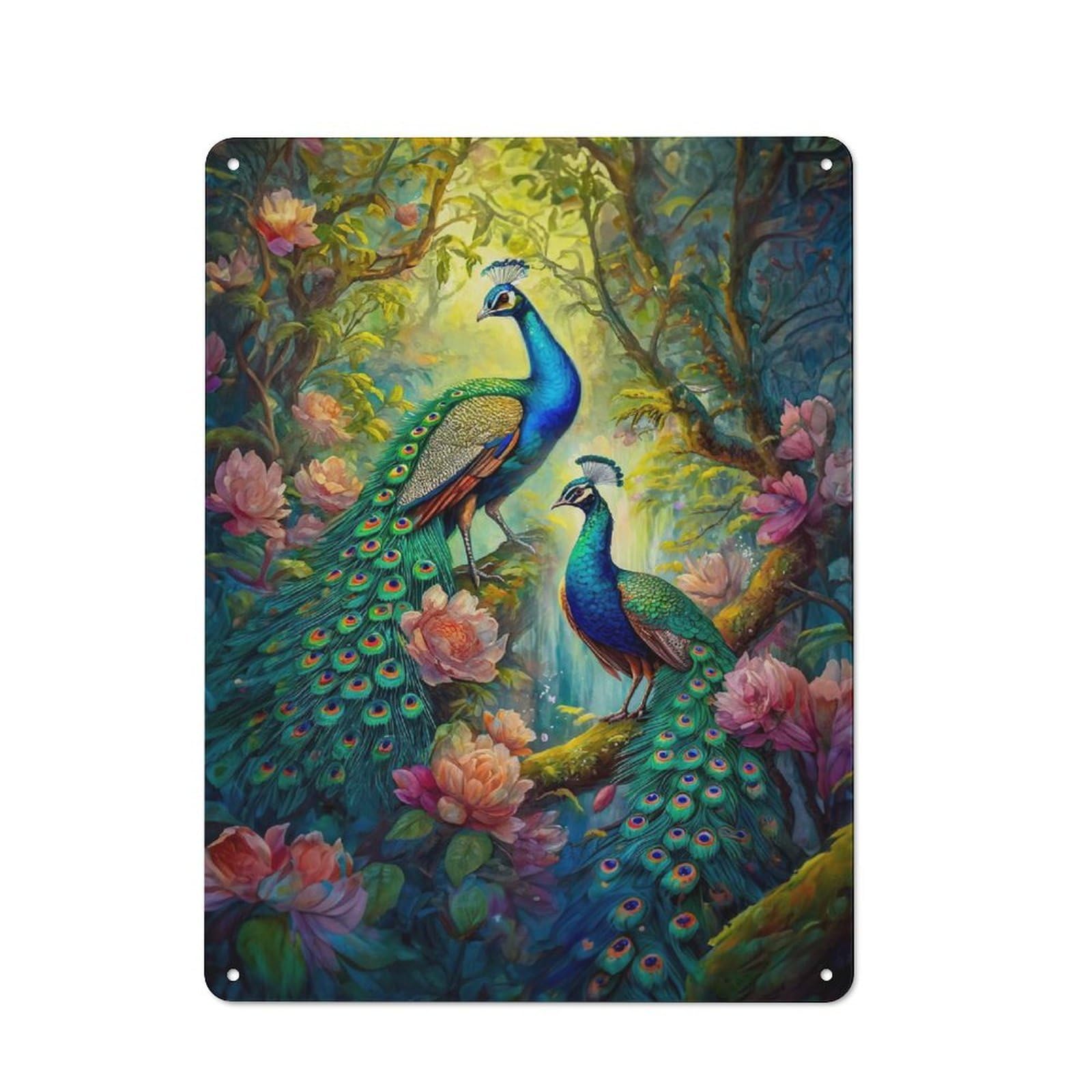 Junmoney Two Beautiful Peacock Tin Wall Plaque 40X30cm With For Guest Room Or Hallway, For Hallway Wall Decor Fans