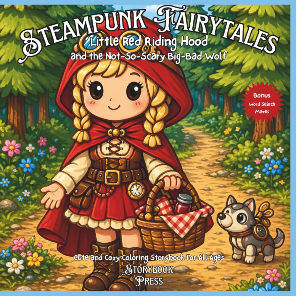 Steampunk Fairytales Little Red Riding Hood and the Not-So-Scary Big Bad Wolf: Cute and Cozy Coloring Storybook for All Ages