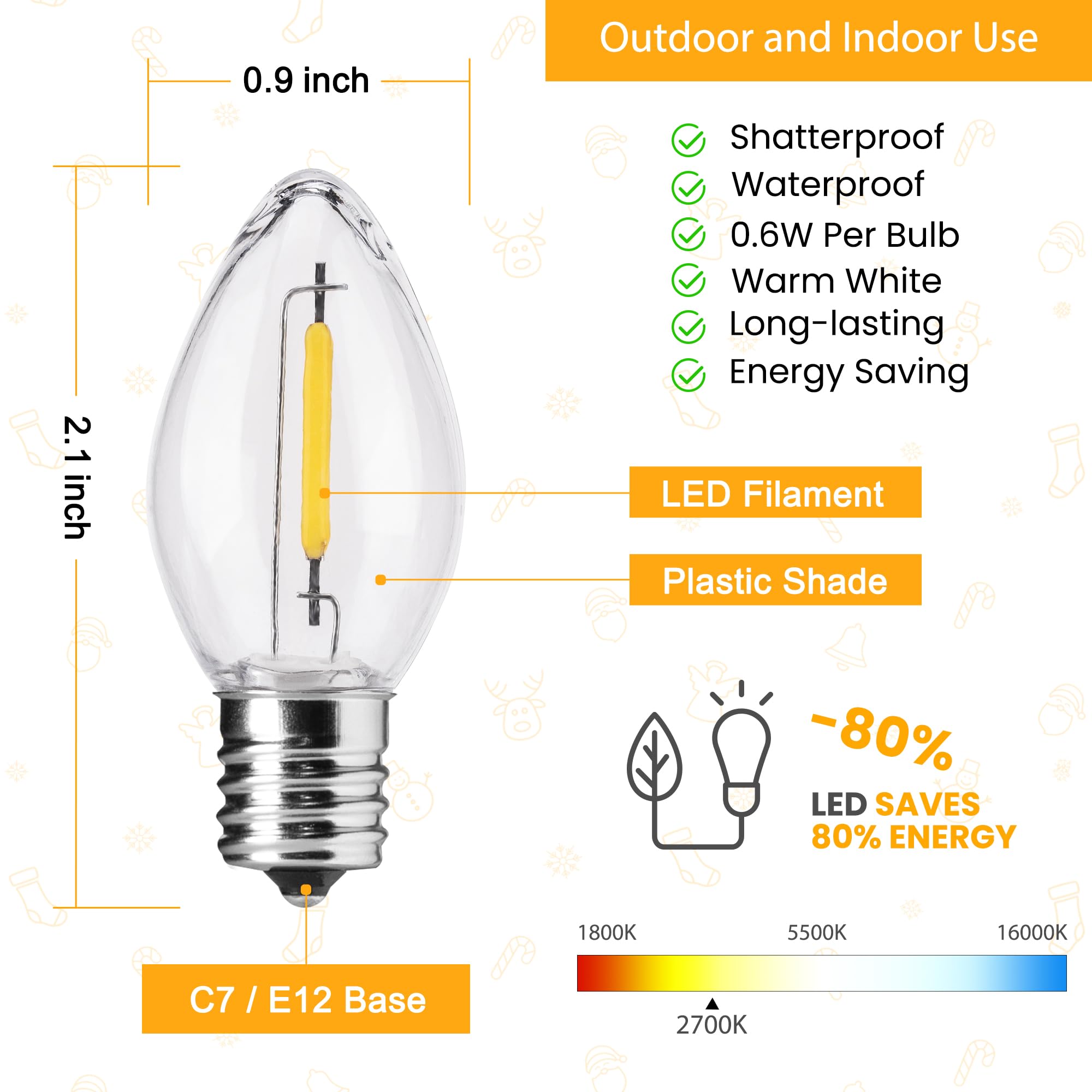 8 Pack C7 LED Night Light Bulbs C7 E12 Candelabra Christmas Replacement Bulbs Salt Lamps Window Candles Chandeliers — view 2
