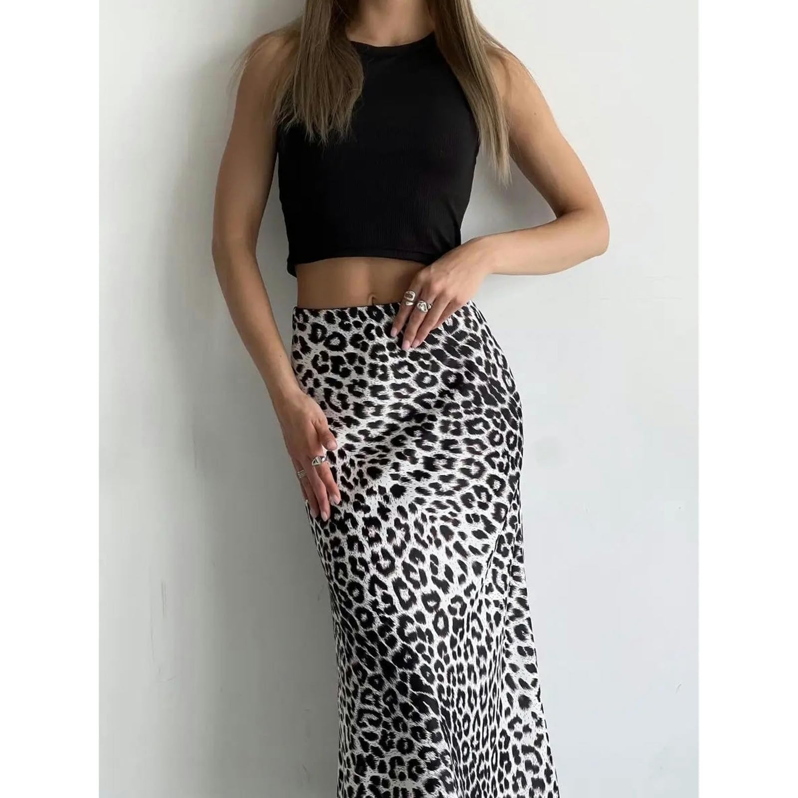 Jupes Femme Jupe Maxi À Imprimé Léopard en Satin Féminin - Jupe Longue Élastique Haute Taille pour Vêtements Décontractés Et en Soirée-Blanc-XL