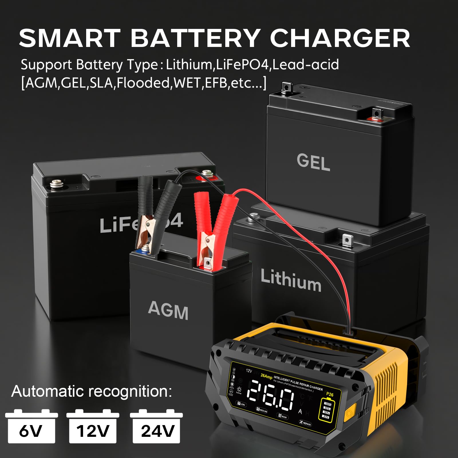 Haisito 26 A ładowarka do akumulatora samochodowego 6 V/12 V/24 V, wyświetlacz LCD, inteligentna ładowarka do akumulatora samochodowego, motocykla, przyczepy kempingowej, pojazdów rolniczych, AGM