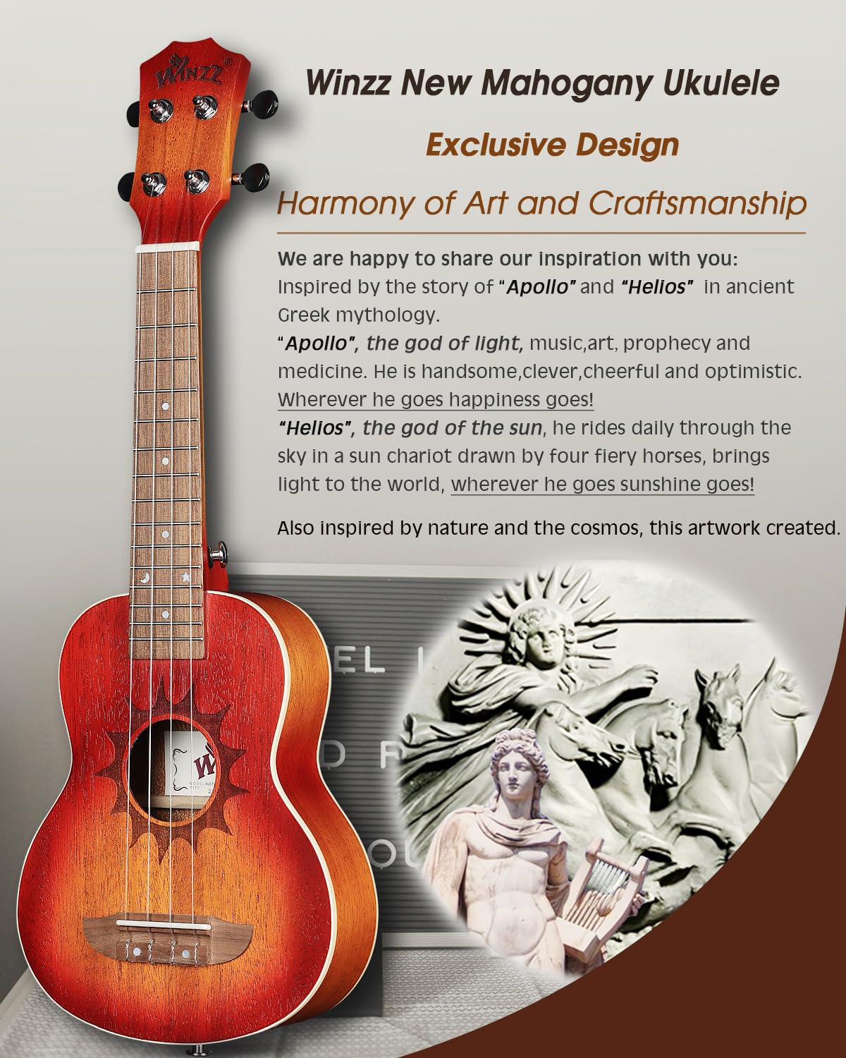 Winzz Ukulele Soprano per Adulti Principianti, Ukulele in Mogano da 21 pollici per Bambini Kit di Avviamento, Set di Regali per Ukulele Unico, Design Unico (Corde in Carbonio, Sunburst Opaco)