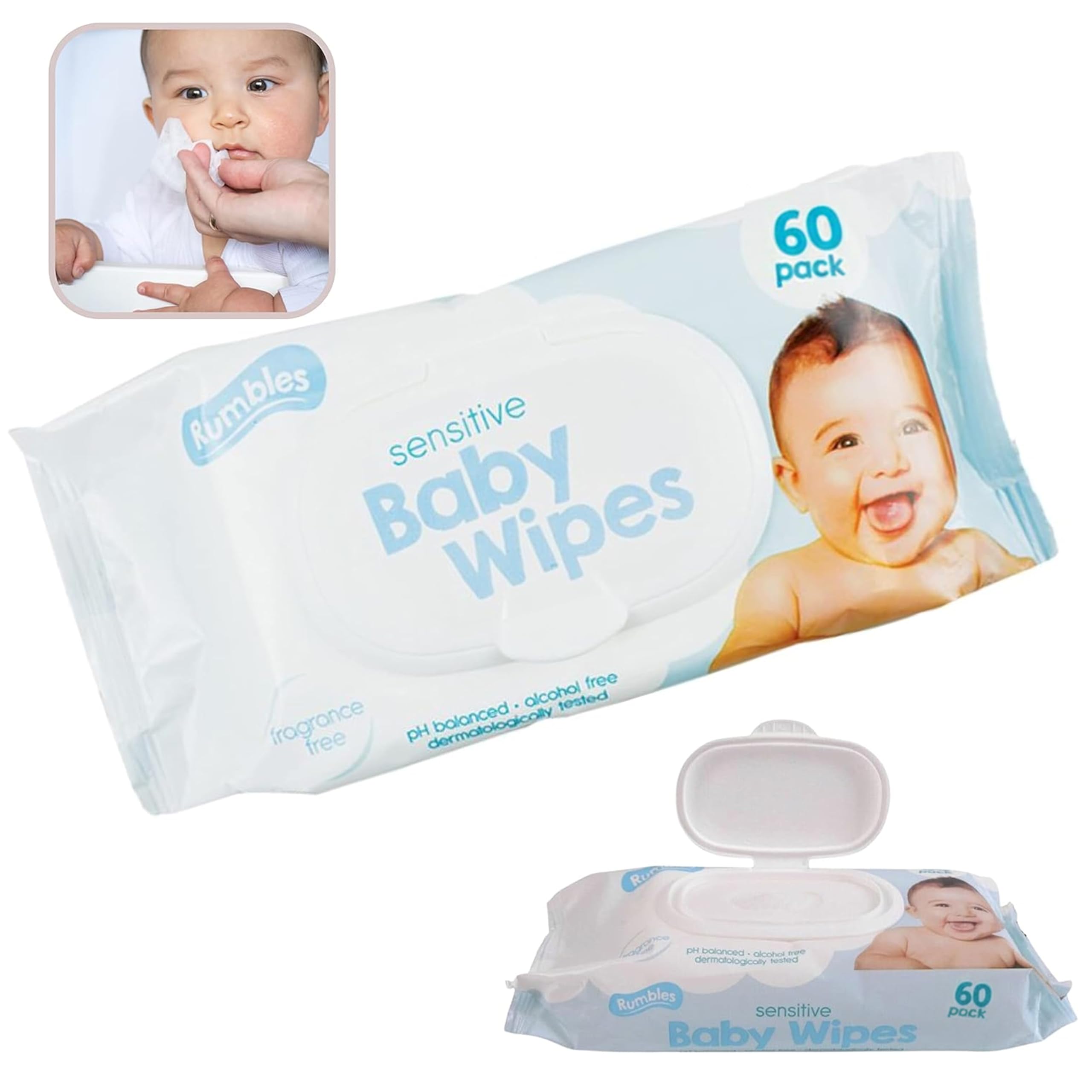 Lightly Fragranced Baby Wipes 1pk contains 60 Wipes - Alcohol Free, Lightly Scented, Dermatologically Tested, Suitable for Sensitive Skin, PH Balanced Baby Wet Wipe (22cm)