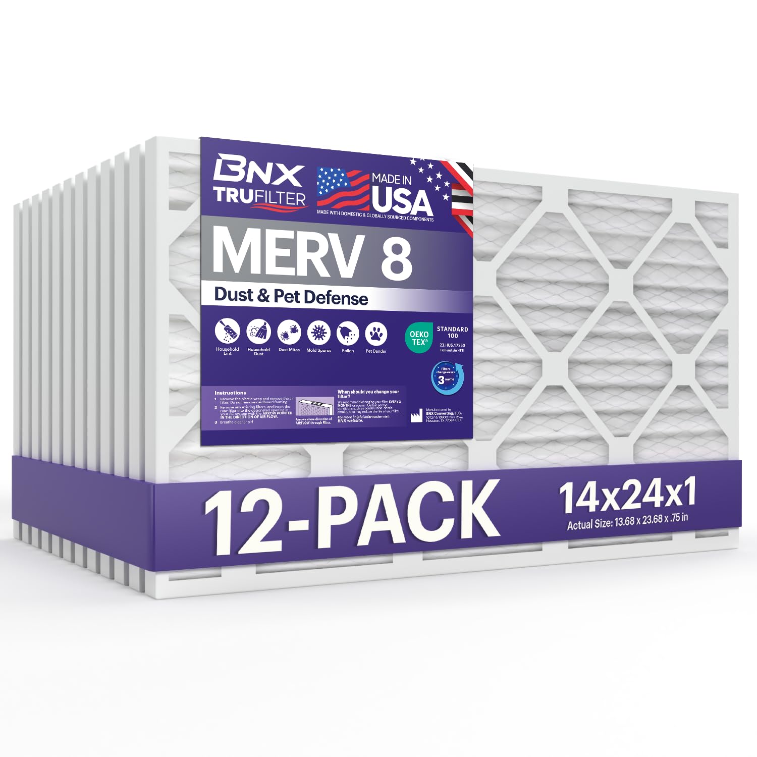 BNX TruFilter 14x24x1 Air Filter MERV 8 (12-Pack) - MADE IN USA – Dust &amp; Pet Defense Air Conditioner HVAC AC Furnace Filters for Dust, Pet, Mold, Pollen MPR 600 – 700 &amp; FPR 5