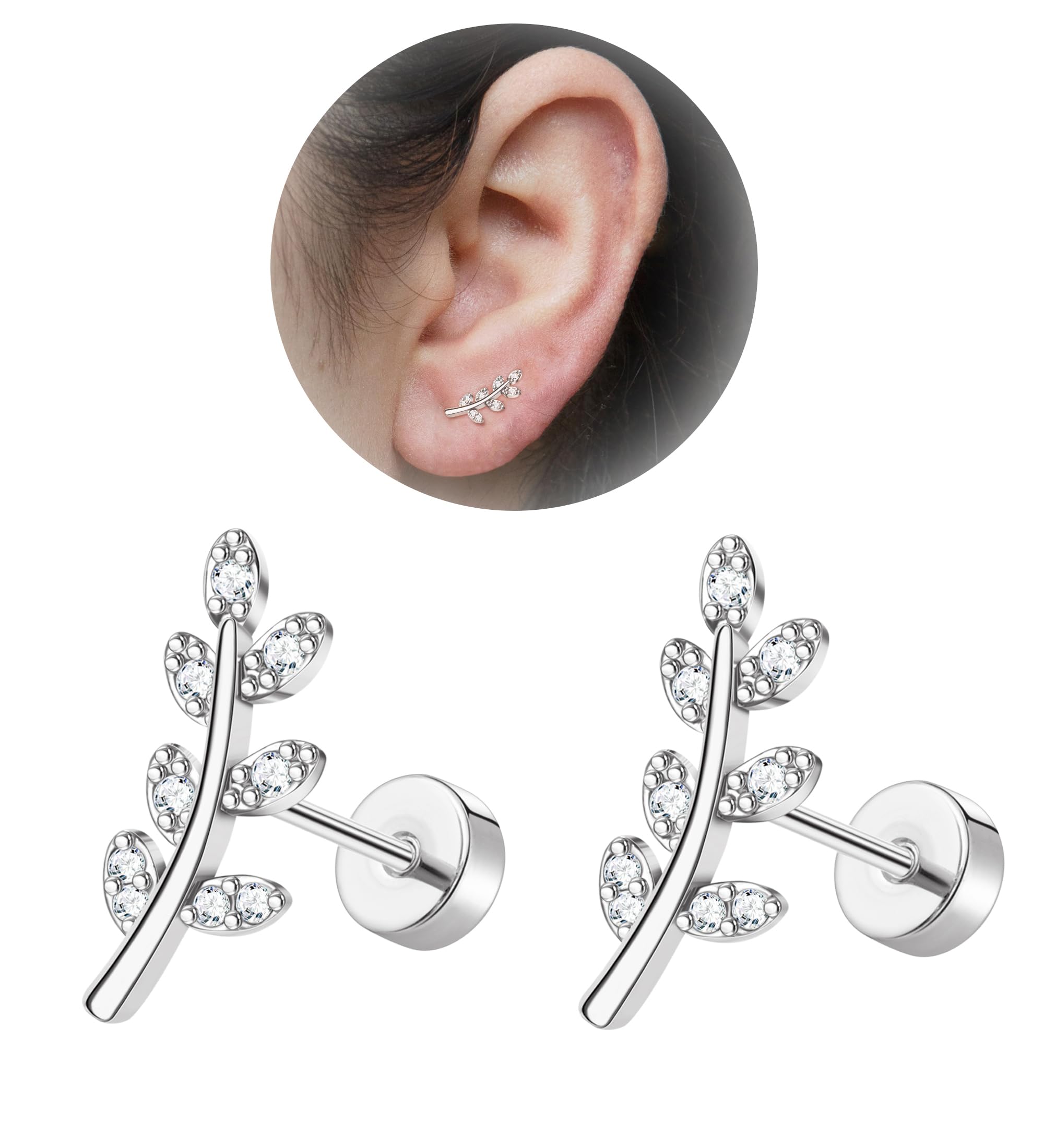 20G Cartilage Earrings for Women 14K Gold Stainless Steel Flat Back Cartilage Stud Earrings for Sensitive Ear Leaf Opal CZ Handmade Helix Conch Piercing Jewelry Silver Leaf
