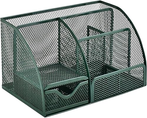 Vista 8 de VANRA Organizador de escritorio de malla para suministros de oficina, soporte de suministros escolares, 6 compartimentos con cajón (verde)