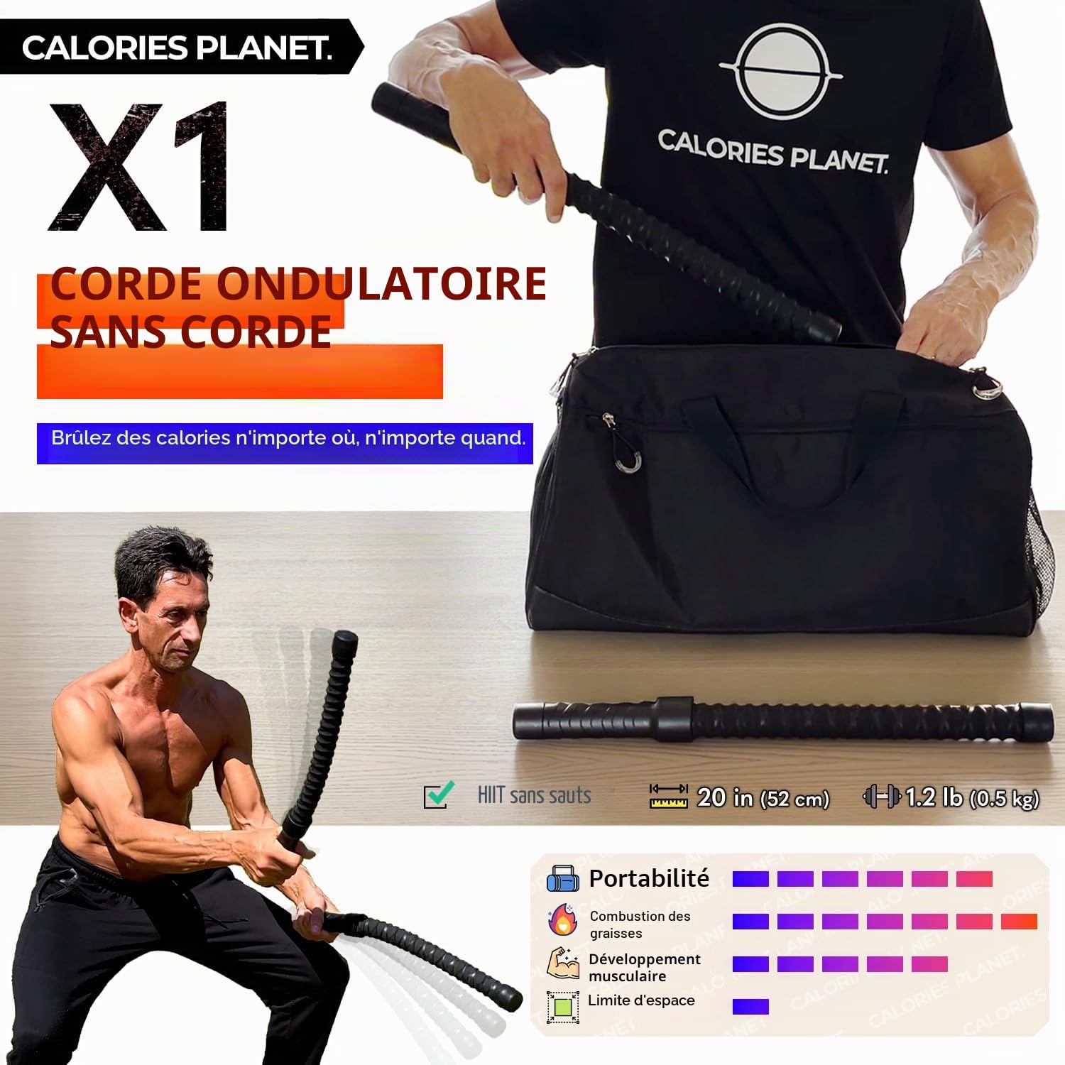 X1 Corde de combat sans corde pour salle de sport à domicile, entraînement HIIT, entraînement cardio à faible impact