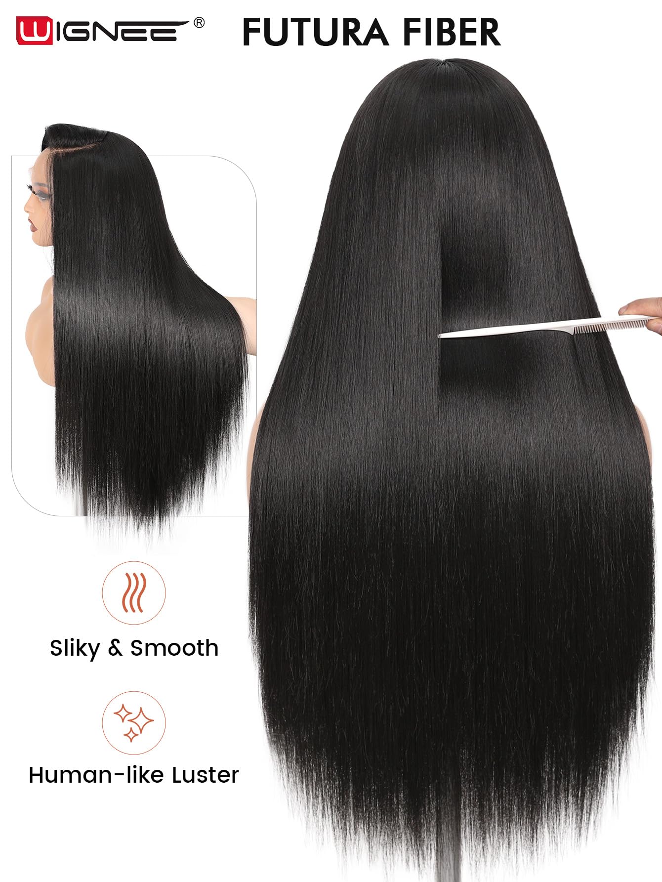 WIGNEE Lace Front Wig Recta Negro 13x6 Prepeluca Diario Y Fiesta