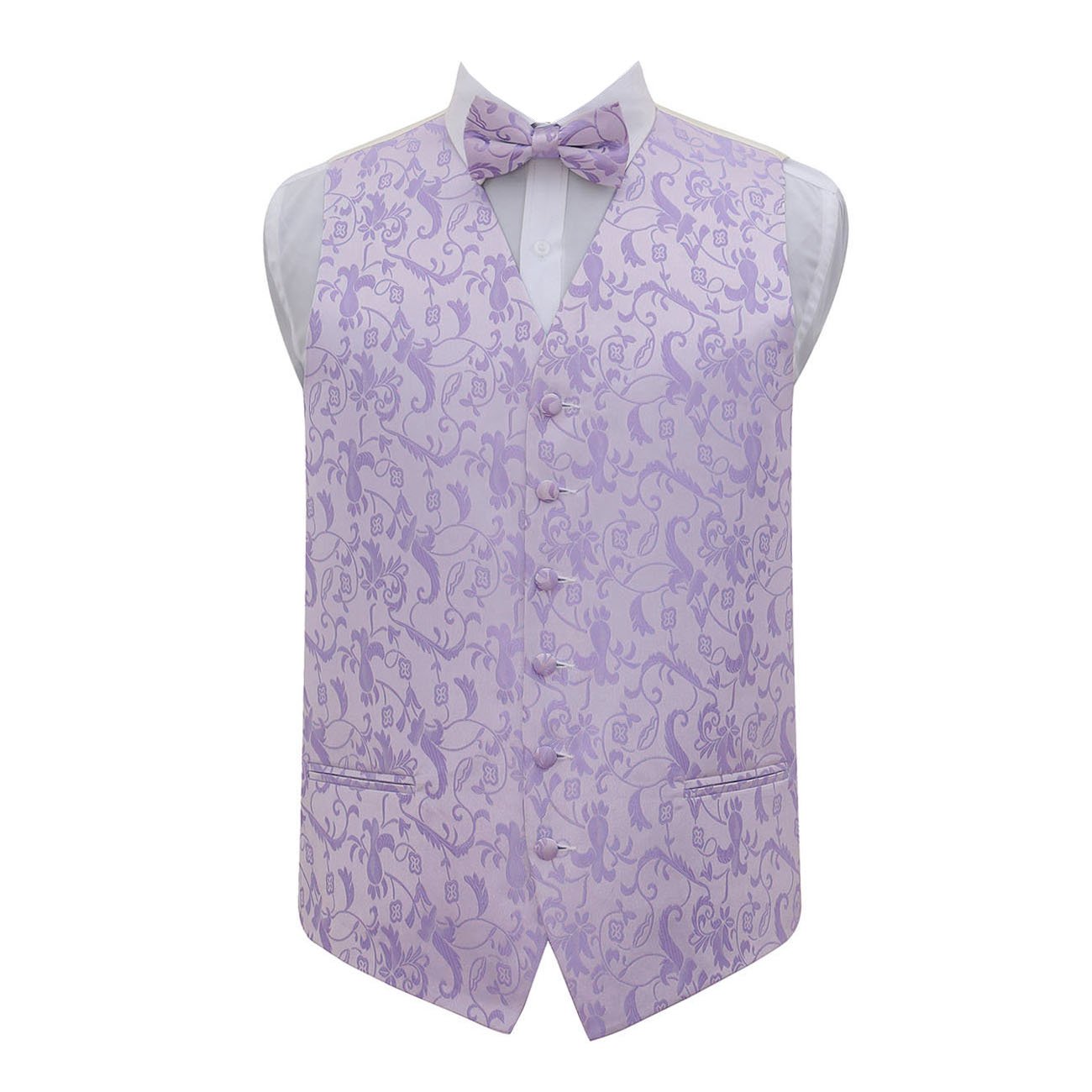 DQT Mens Floral Passion Jacquard Waistcoat & Pre-Tied Bow Tie Set (2pc) - Wedding, Business & Formal - Lilac 50" (5XL)