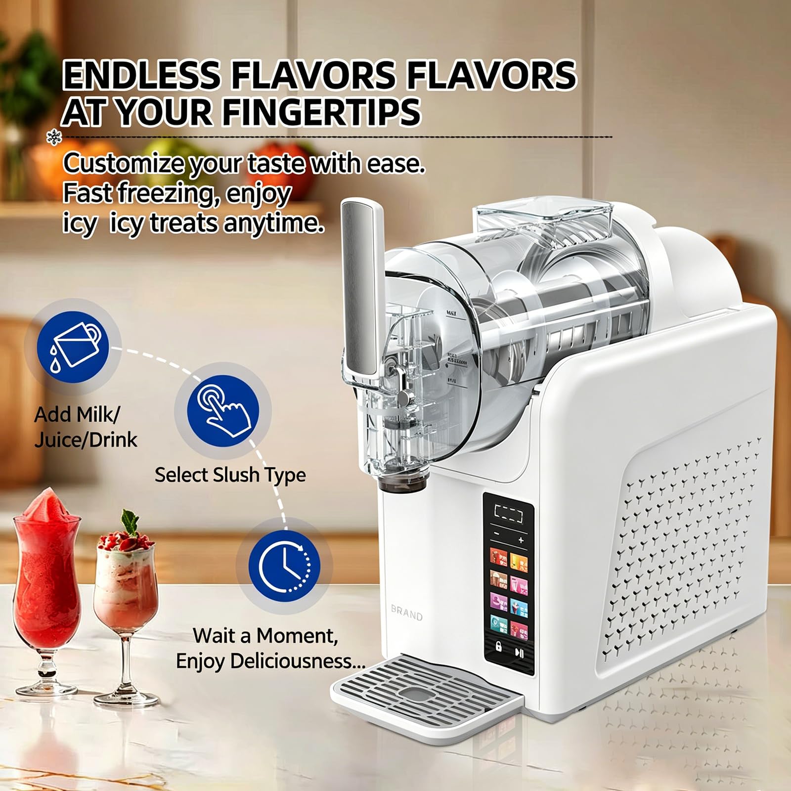 Macchina per Granite e Gelato Soft 2 in 1 con Funzione autopulente, Pannello Touch, Macchina per Bevande ghiacciate con 7 programmi preimpostati, prepara Granite, frappè e Cocktail White
