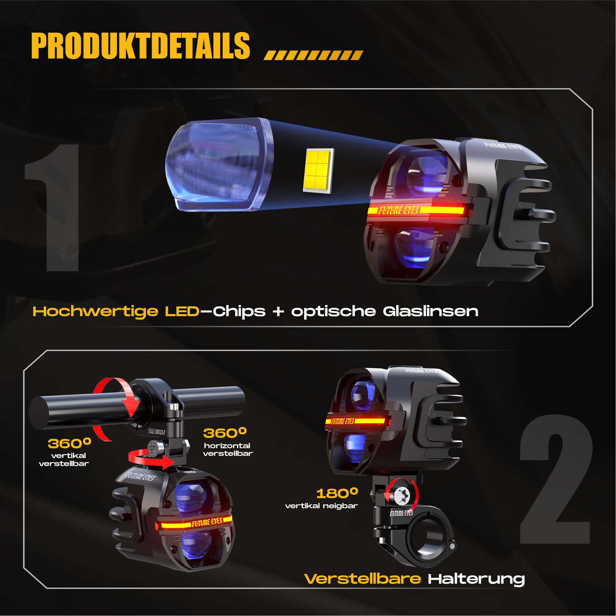 Future Eyes Motorrad Zusatzscheinwerfer LED 12000LM 120W Homologierte Motorrad Nebelscheinwerfer E-Mark E57 LED Scheinwerfer für Motorrad IP67 mit verstellbarer 360° Halterung