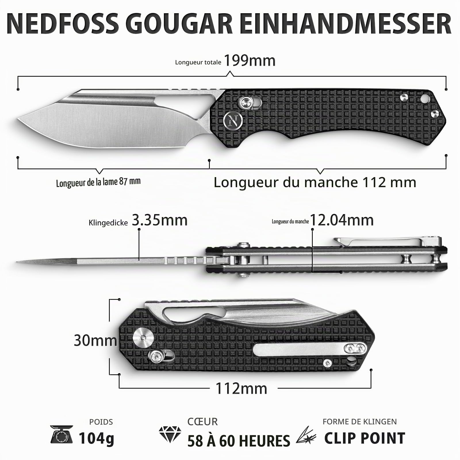NedFoss COUGAR couteau pliant, 14C28N acier couteau survie, Longueur lame 8.7 cm, manche aluminium avec clip ceinture, mini couteau de poche