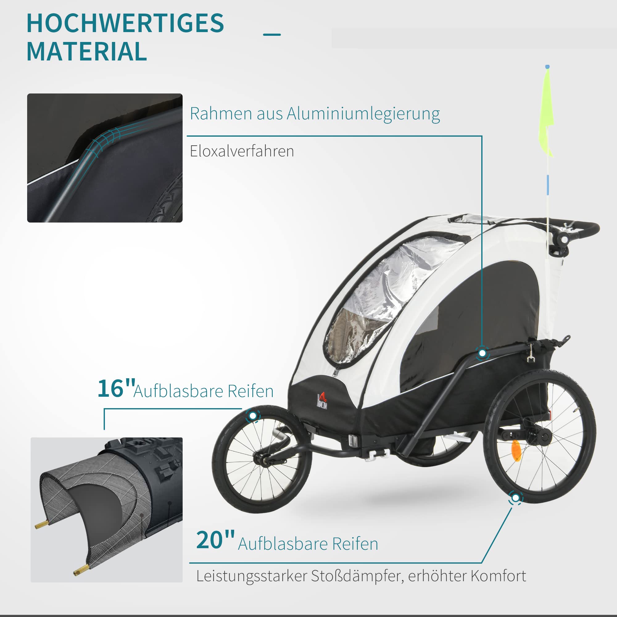 HOMCOM Remorque pour Enfants 3 en 1 Jogger Aluminium Vélo 2 Enfants Drapeau Blanc Noir 150x85x107 cm