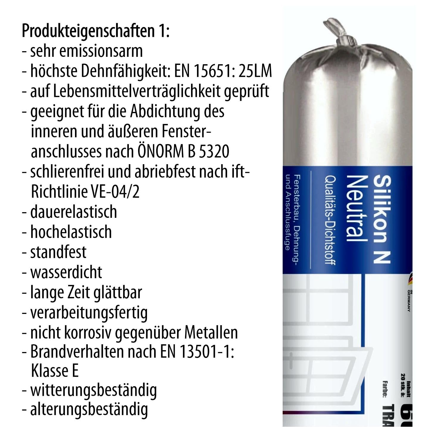 Silikon N Bausilikon transparent - Folienbeutel – neutralvernetzend für Fenster- & Bauanschlussfugen, Glasversiegelung & Dehnfugen – sehr gut verarbeitbar - 12x 400 ml